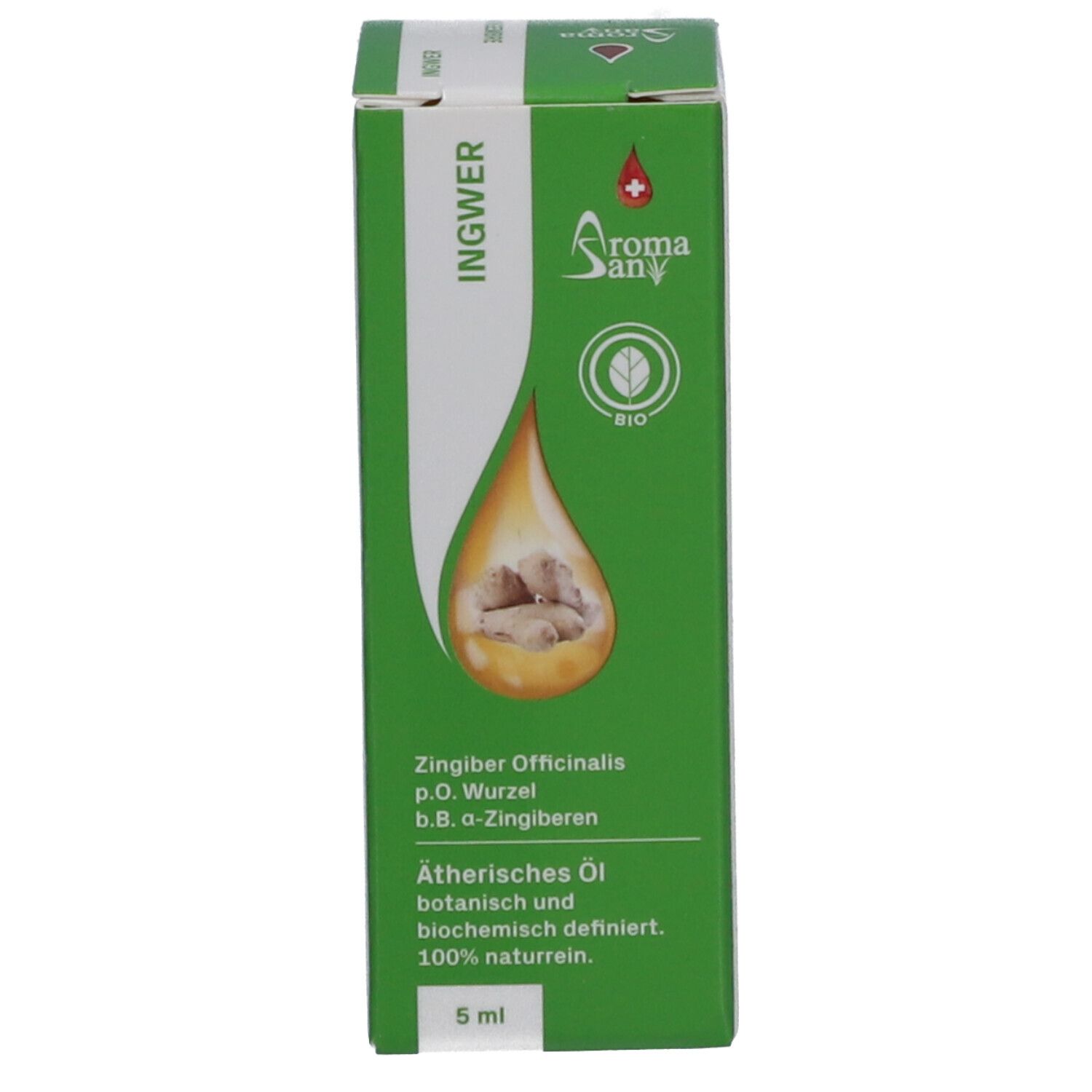Emballage vert avec texte: Gingembre, 5 ml, AromaSan, Bio.  Image du produit.