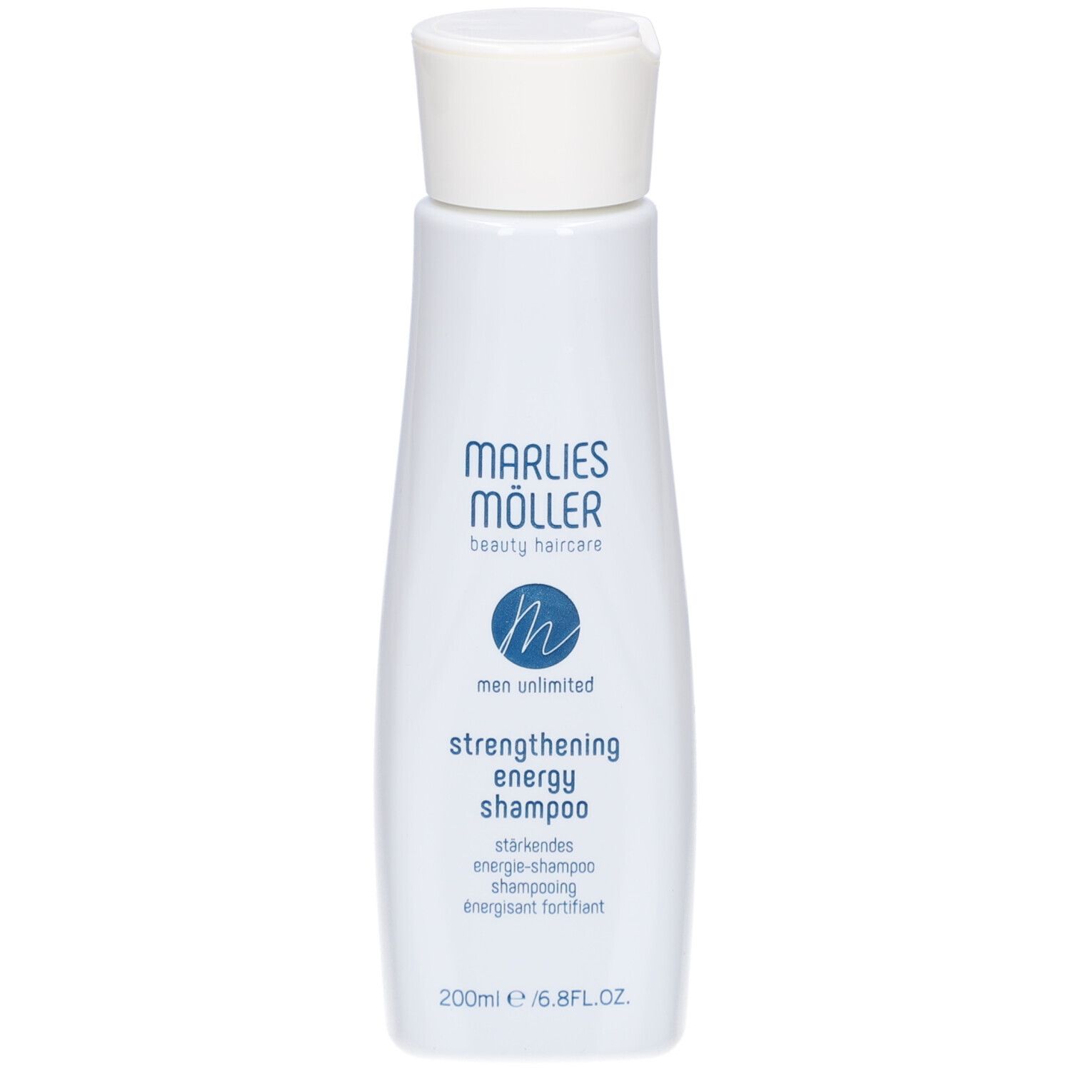 Weiße Flasche mit weißem Deckel. Aufschrift: Marlies Möller, Men Unlimited, Strengthening Energy Shampoo. 200ml.