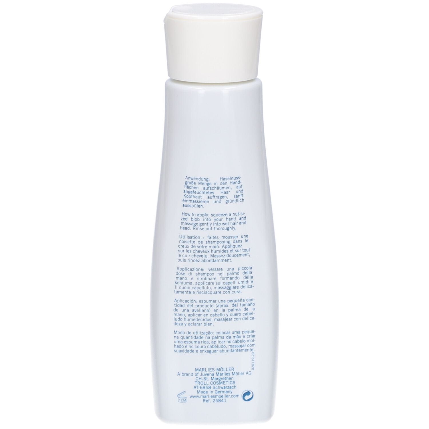 Rückseite der weißen Flasche. Text in mehreren Sprachen. Marlies Möller. Anwendungshinweise. 200ml.