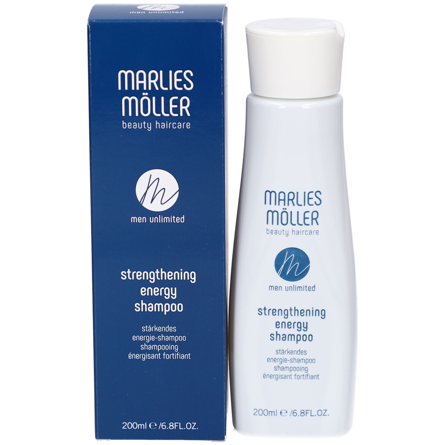 Produktflasche und Schachtel. Aufschrift: Marlies Möller, Men Unlimited, Strengthening Energy Shampoo. 200ml.