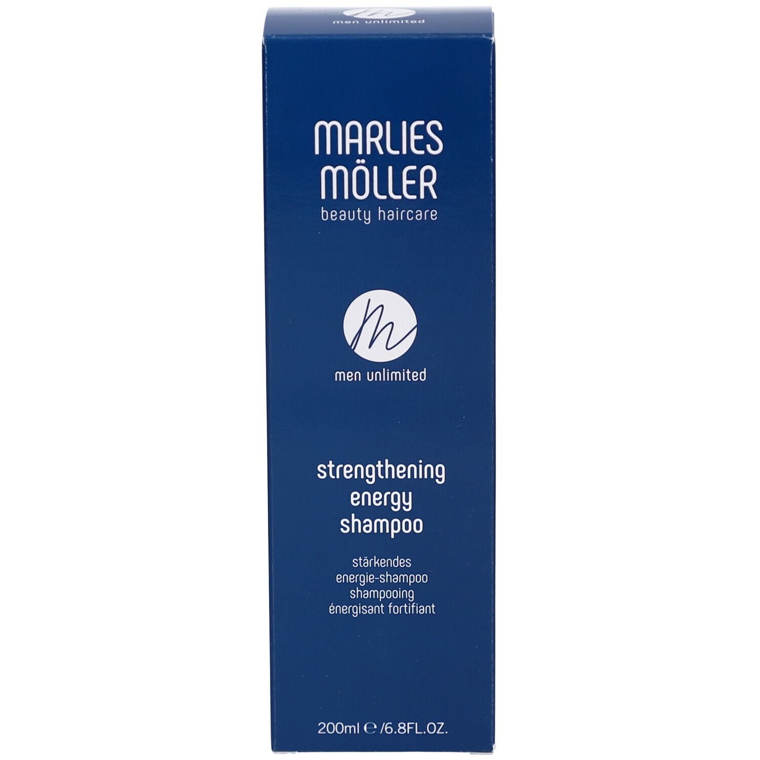 Blaue Schachtel. Aufschrift: Marlies Möller, Men Unlimited, Strengthening Energy Shampoo. 200ml.