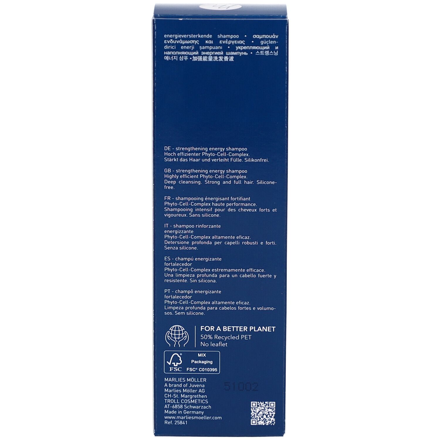 Rückseite der blauen Schachtel. Text in mehreren Sprachen. Marlies Möller. Inhaltsstoffe, Recycling.