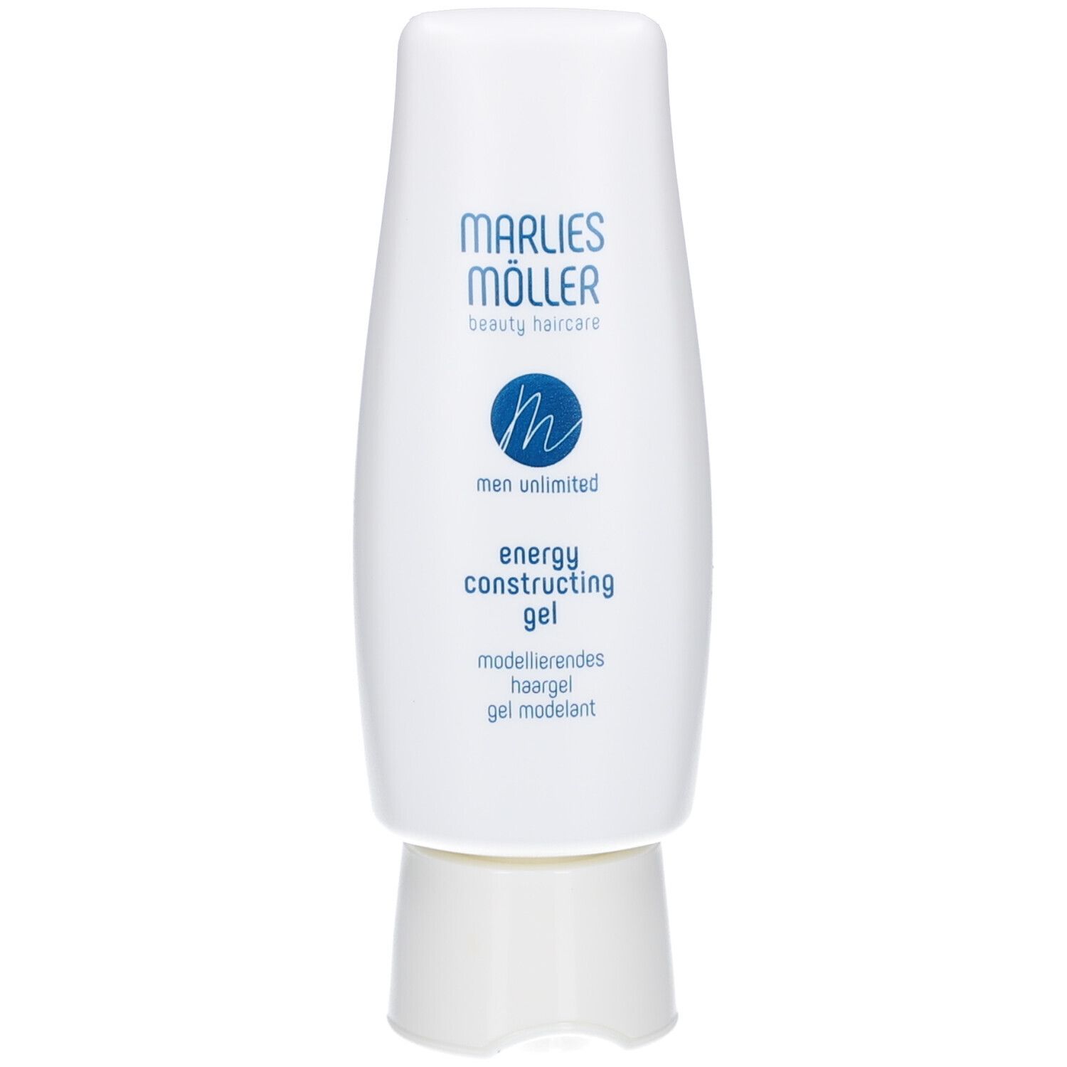 Weißes Haargel-Fläschchen. Marke Marlies Möller. Text: energy constructing gel. Auf weißem Hintergrund.