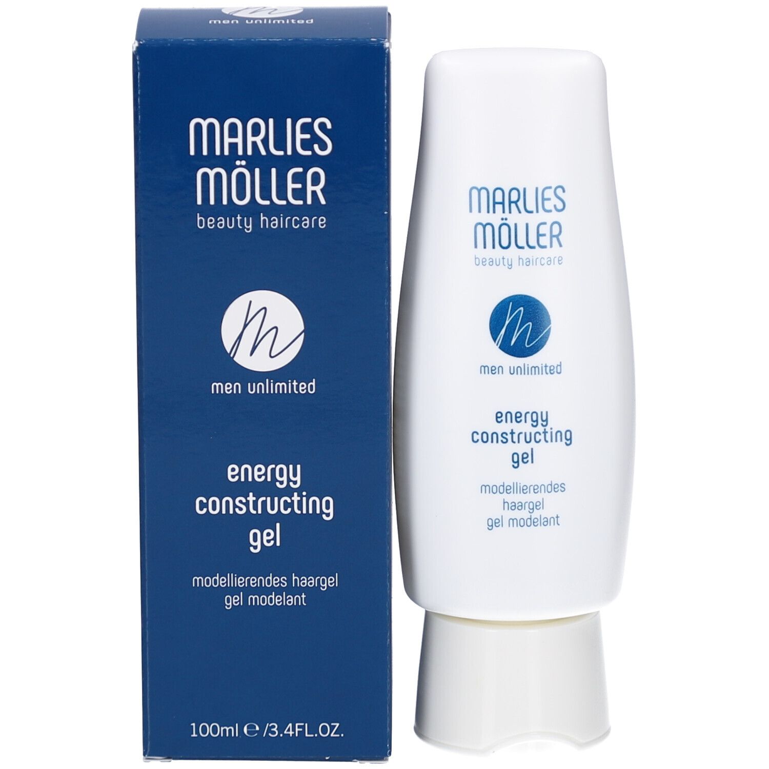 Haargel-Fläschchen und Schachtel. Marke Marlies Möller. Text: energy constructing gel, 100ml.