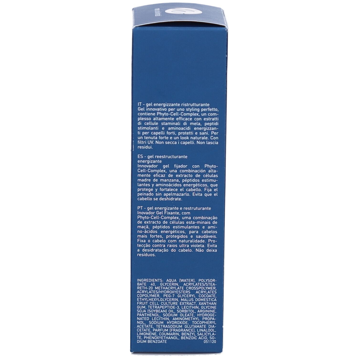 Rückseite der blauen Schachtel. Text: Inhaltsstoffe, Anwendung, Zertifizierungen.