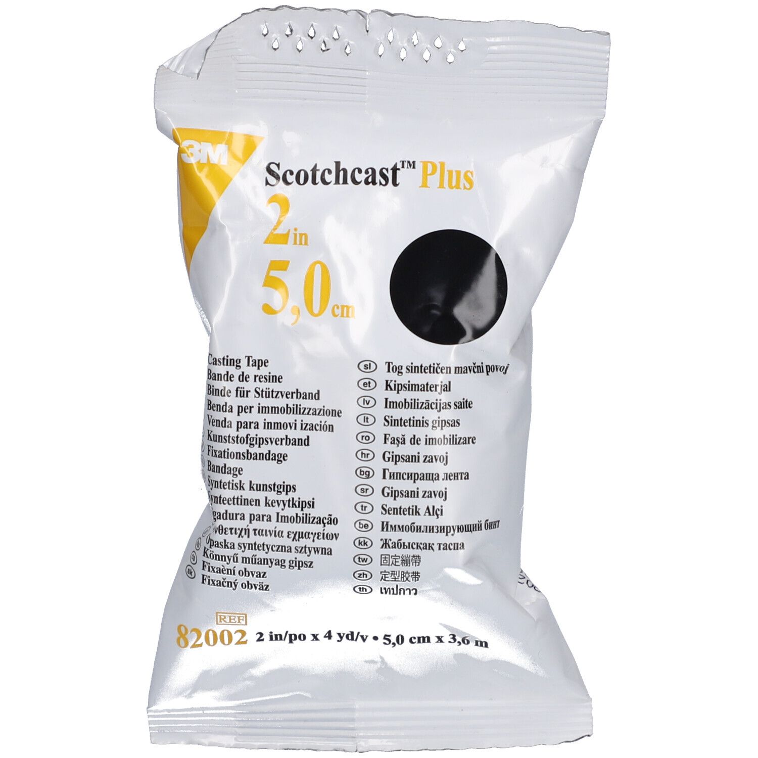 Emballage de ruban de résine Scotchcast Plus noir. Largeur 5,0 cm. Texte: Scotchcast Plus, 2 in/5,0 cm.