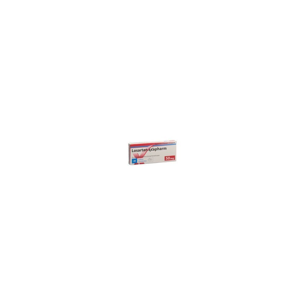 Schachtel mit LOSARTAN Axapharm Filmtabl 50 mg. Weiß, rot und blau. Text: Losartan-Axapharm, 50 mg, 28 Stk.