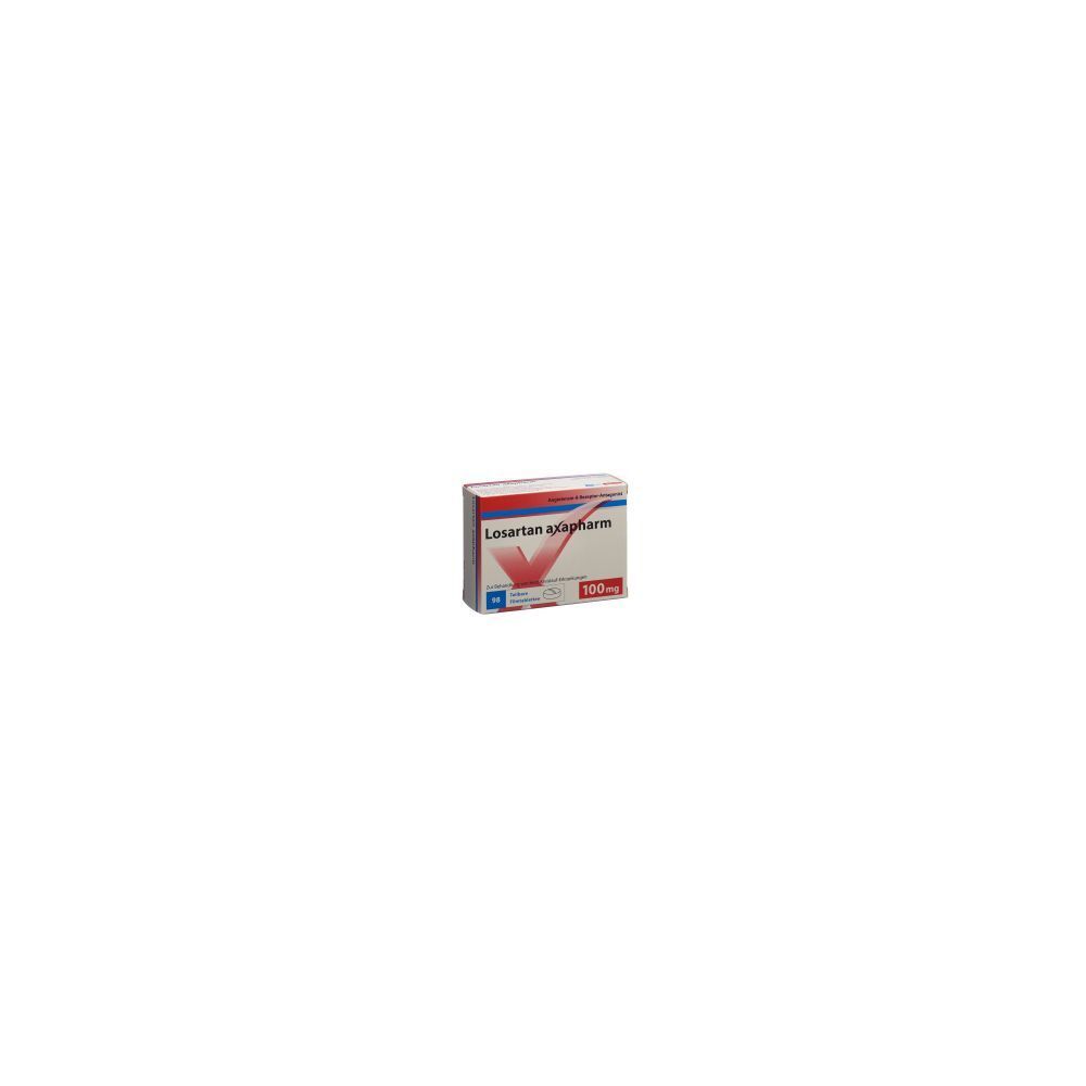 Karton mit LOSARTAN Axapharm Filmtabl. 100 mg. Roter V-förmiger Akzent. Text: 100 mg. 98 Stk.