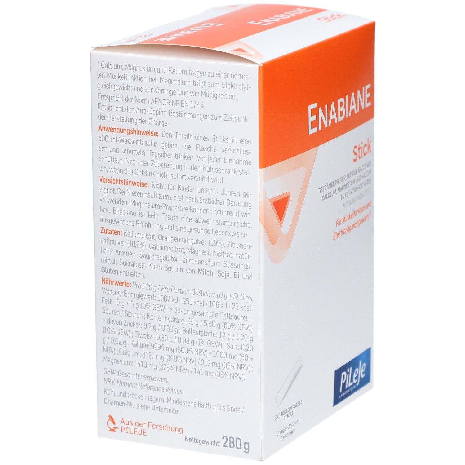 Dos de la boîte Enabiane Stick. Contient des informations sur les ingrédients et la valeur nutritionnelle. Marque Pileje.
