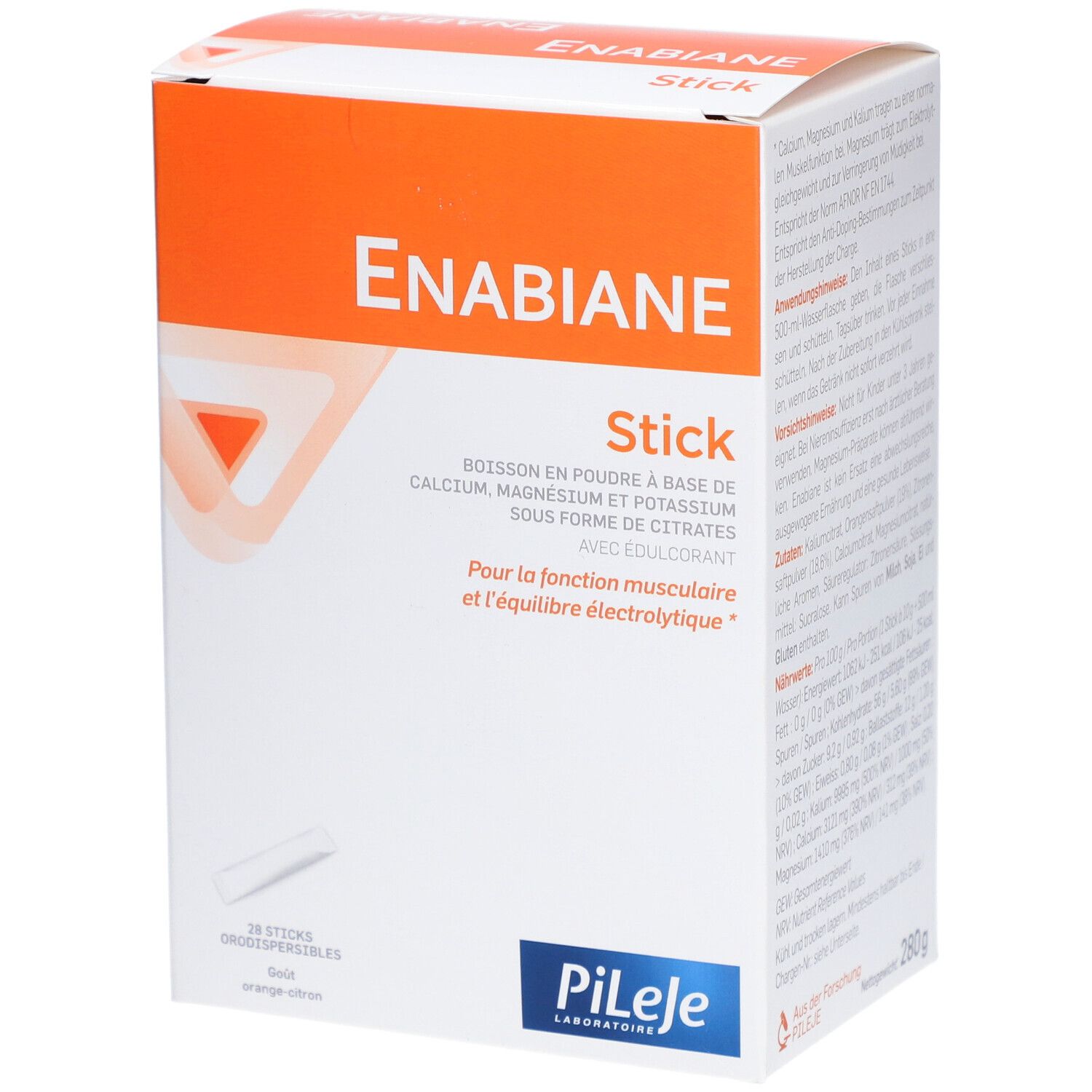Boîte Enabiane Stick. Couvercle orange, carton blanc. Contient de la poudre pour boisson. Marque Pileje.