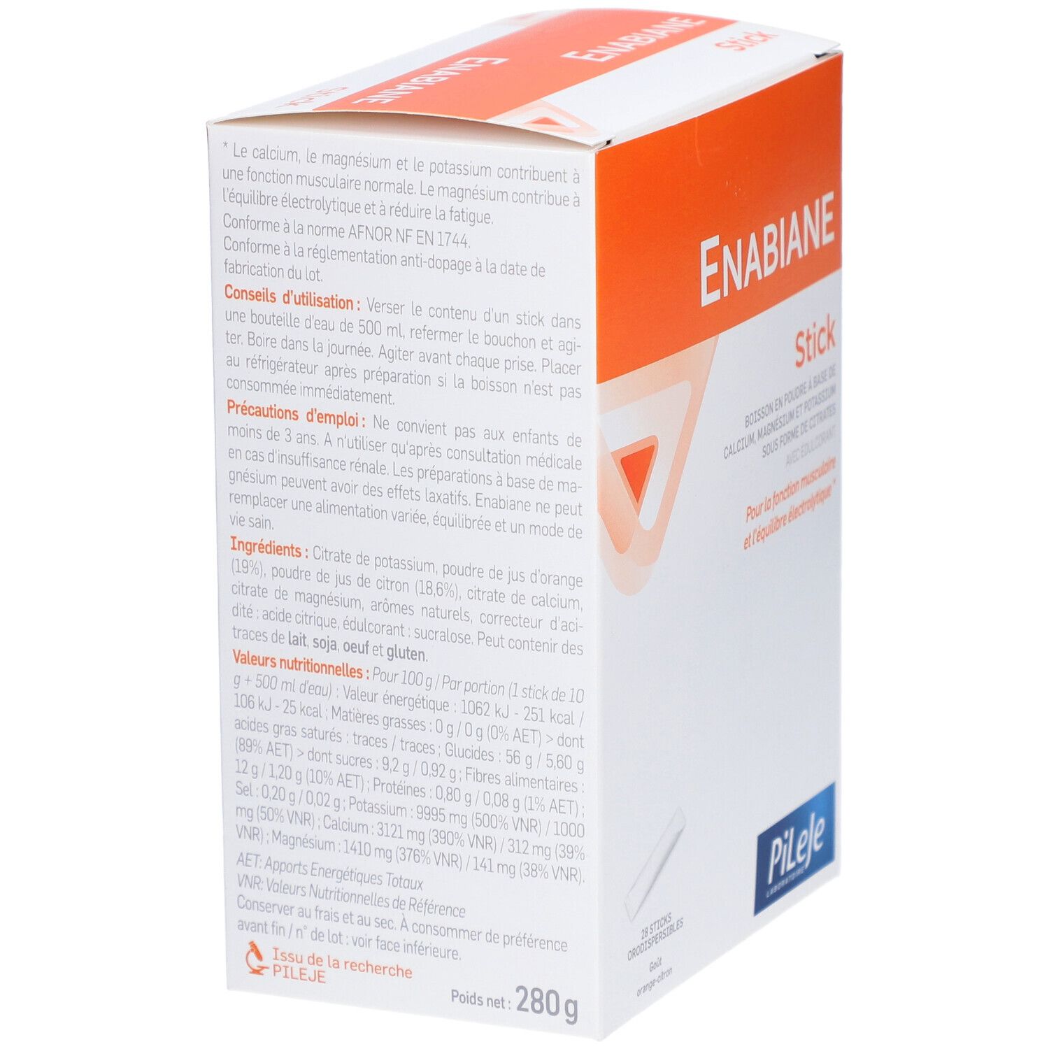 Dos de la boîte Enabiane Stick. Contient des informations sur les ingrédients et la valeur nutritionnelle. Marque Pileje.
