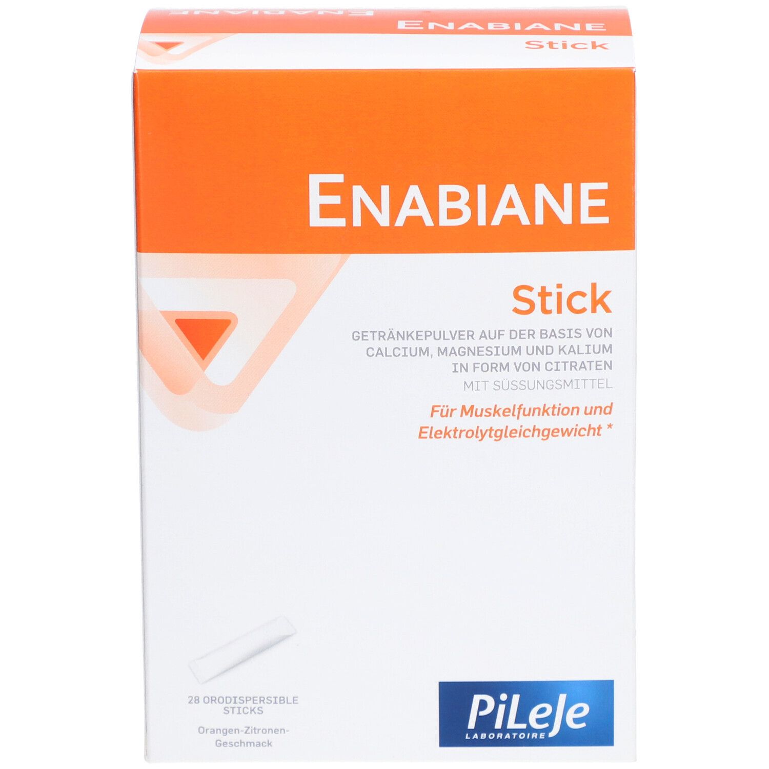 Boîte Enabiane Stick. Couvercle orange, carton blanc. Contient de la poudre pour boisson. Marque Pileje.