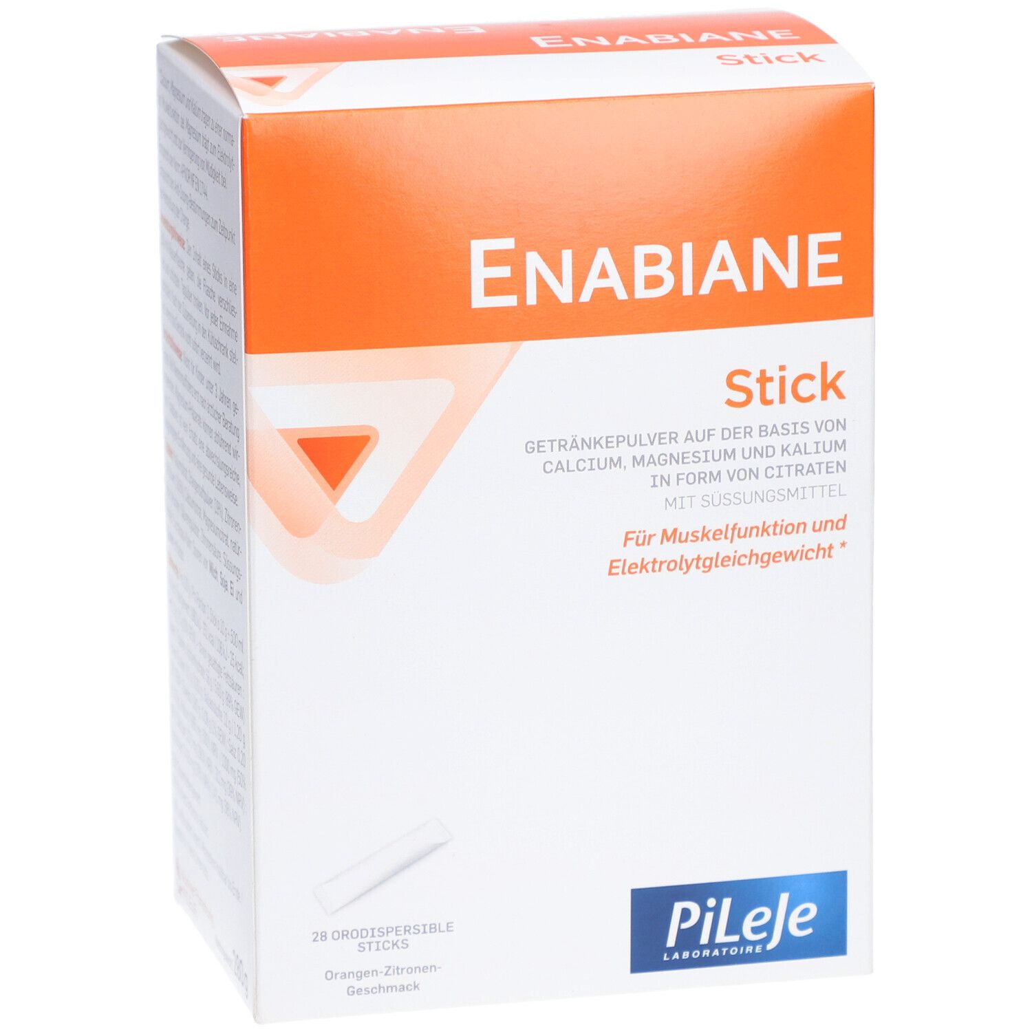 Boîte Enabiane Stick. Couvercle orange, carton blanc. Contient de la poudre pour boisson. Marque Pileje.