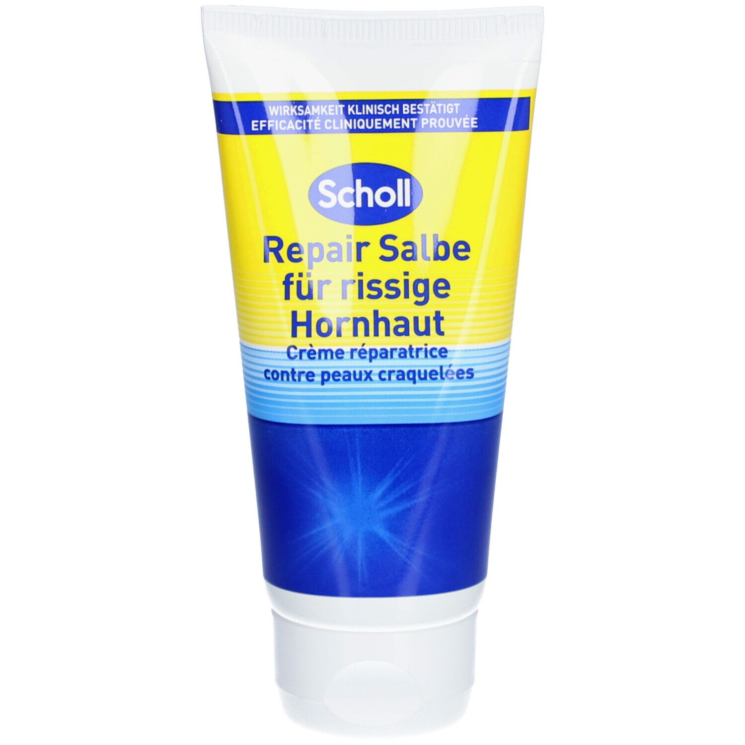 Tube mit Creme. Gelb-blaues Design. Aufschrift: Repair Salbe für rissige Hornhaut. Creme réparatrice contre peaux craquelées.