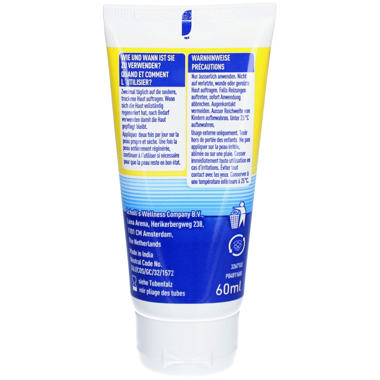 Rückseite der Creme-Tube. Text in Deutsch und Französisch. Enthält Informationen zur Anwendung und Vorsichtshinweise.