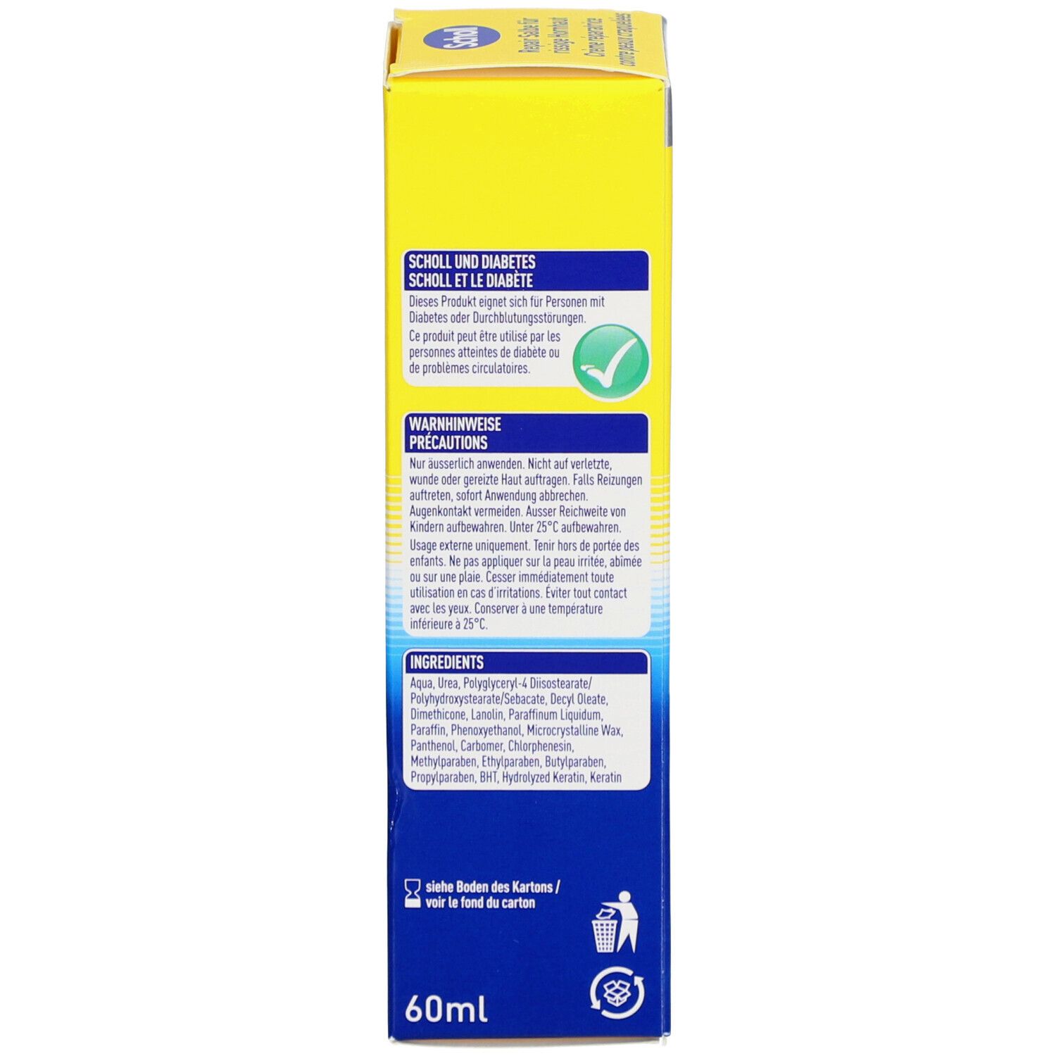 Kartonverpackung mit Produktinformationen. Enthält Informationen für Diabetiker und Warnhinweise. Inhaltsstoffe aufgelistet.