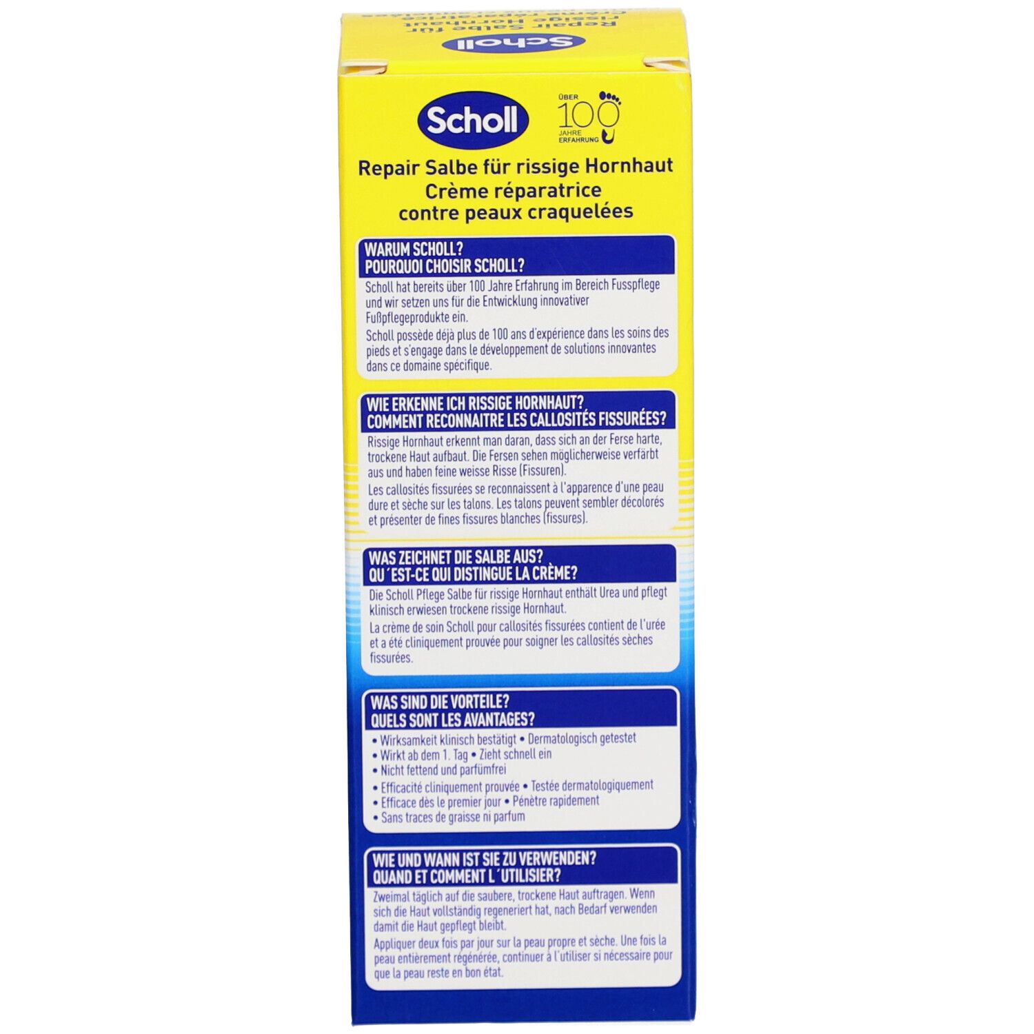 Kartonverpackung mit Produktinformationen. Enthält Informationen zu den Vorteilen und der Anwendung des Produkts.
