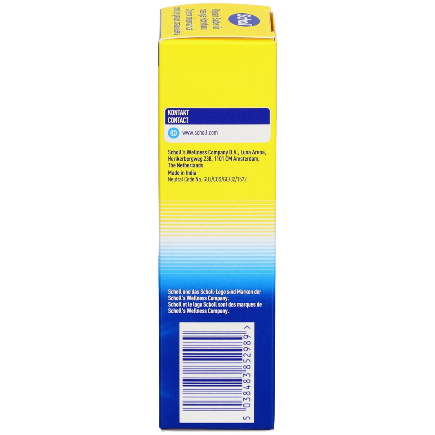 Kartonverpackung mit Kontaktinformationen und Barcode. Enthält Informationen zum Hersteller und zur Marke.