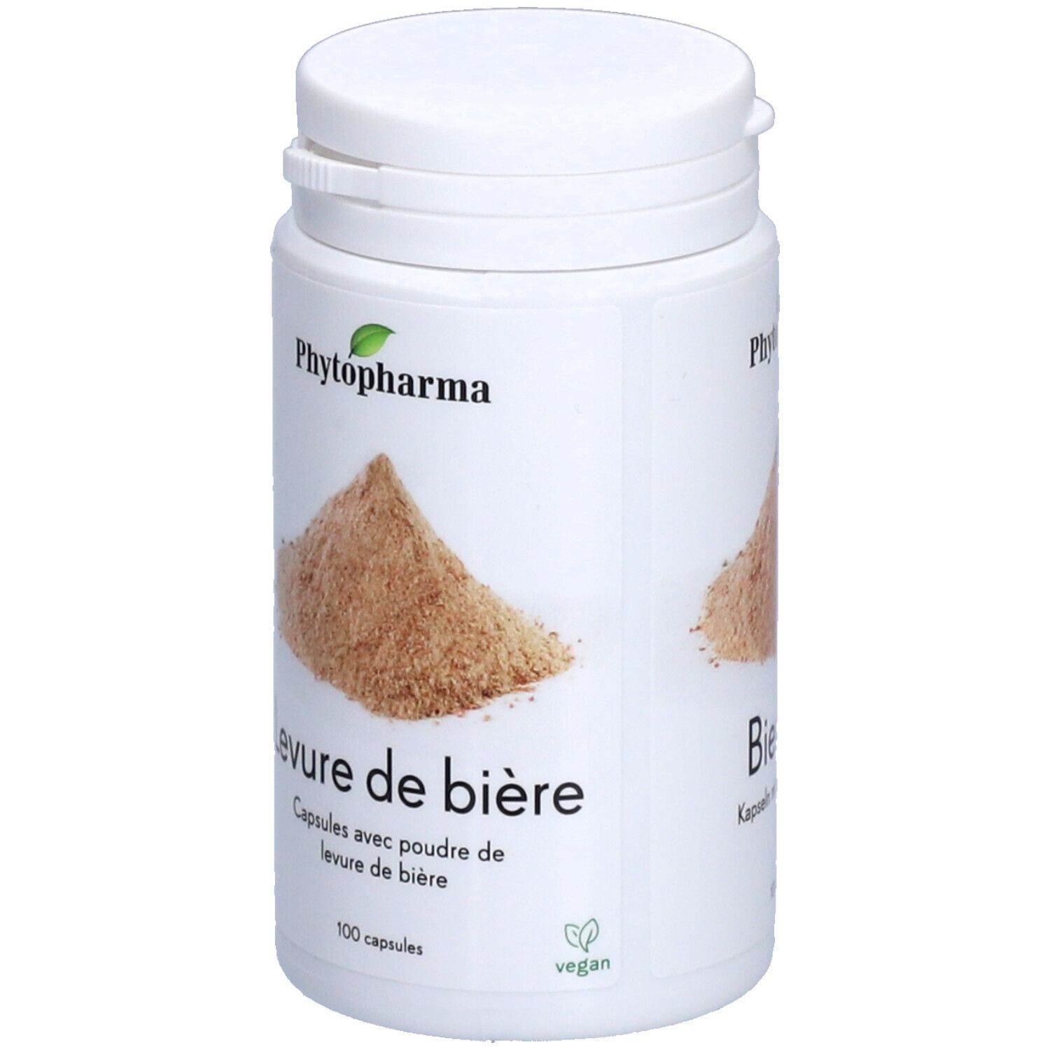 Flacon blanc avec bouchon à vis. Inscription : Phytopharma, Levure de bière, gélules à la poudre de levure de bière, 100 gélules. Vegan.