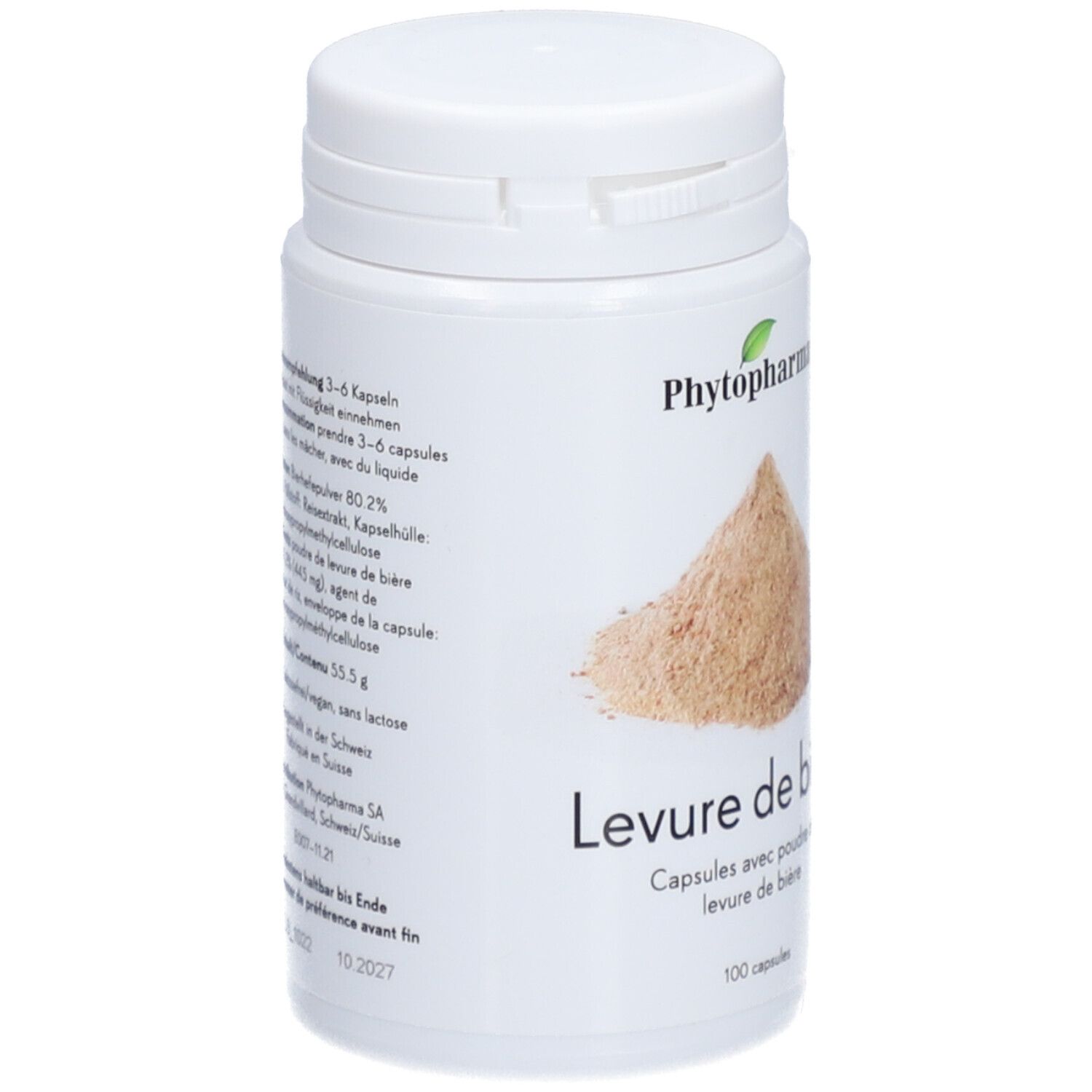 Flacon blanc avec bouchon à vis. Inscription : Phytopharma, Levure de bière, gélules à la poudre de levure de bière, 100 gélules. Vegan.