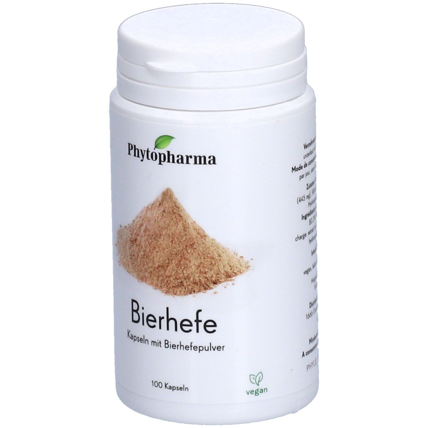 Flacon blanc avec bouchon à vis. Inscription : Phytopharma, Levure de bière, gélules à la poudre de levure de bière, 100 gélules. Vegan.