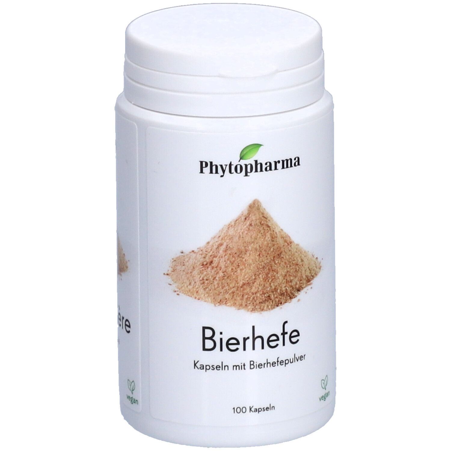 Flacon blanc avec bouchon à vis. Inscription : Phytopharma, Levure de bière, gélules à la poudre de levure de bière, 100 gélules. Vegan.