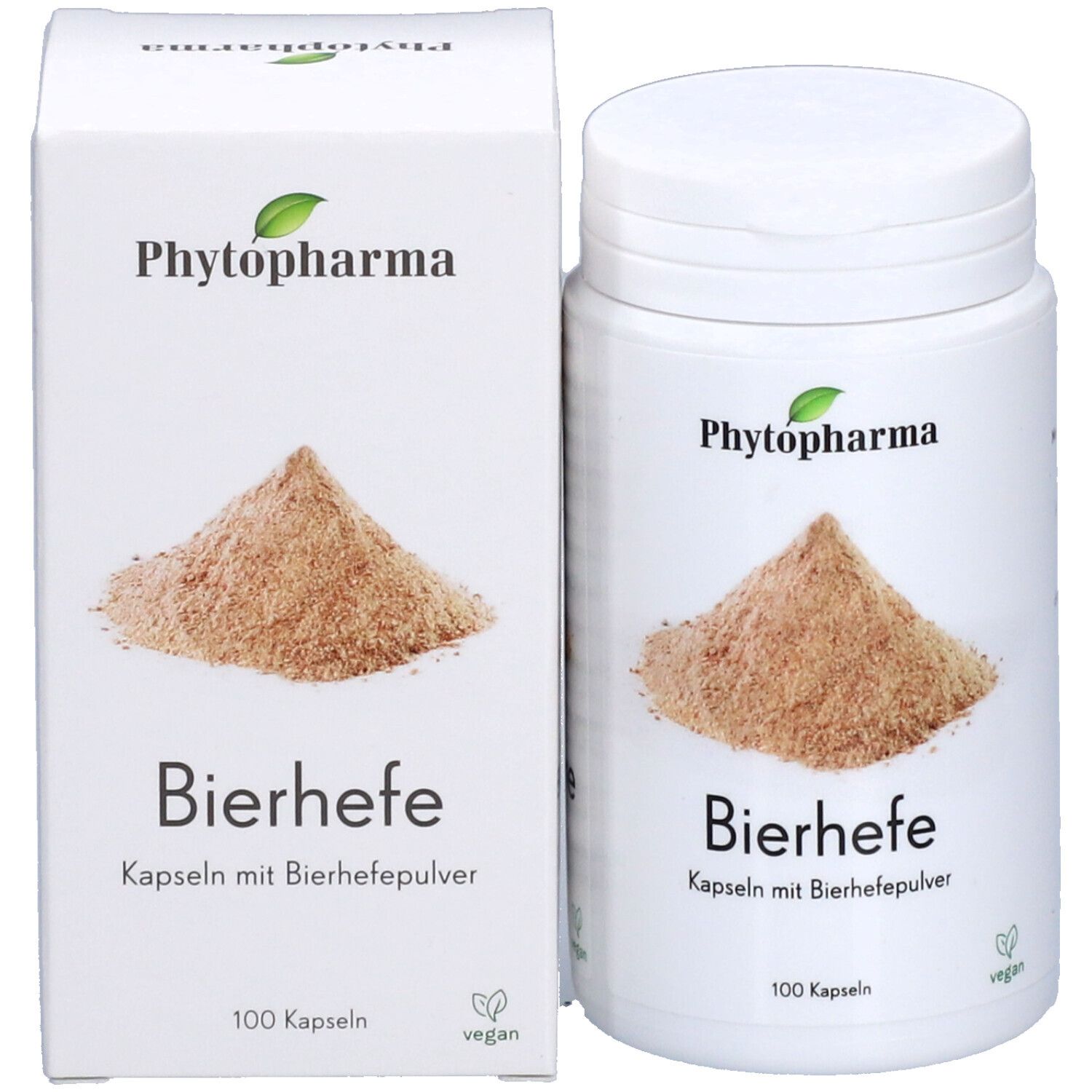 Flacon et boîte blancs. Inscription : Phytopharma, Levure de bière, gélules à la poudre de levure de bière, 100 gélules. Vegan.