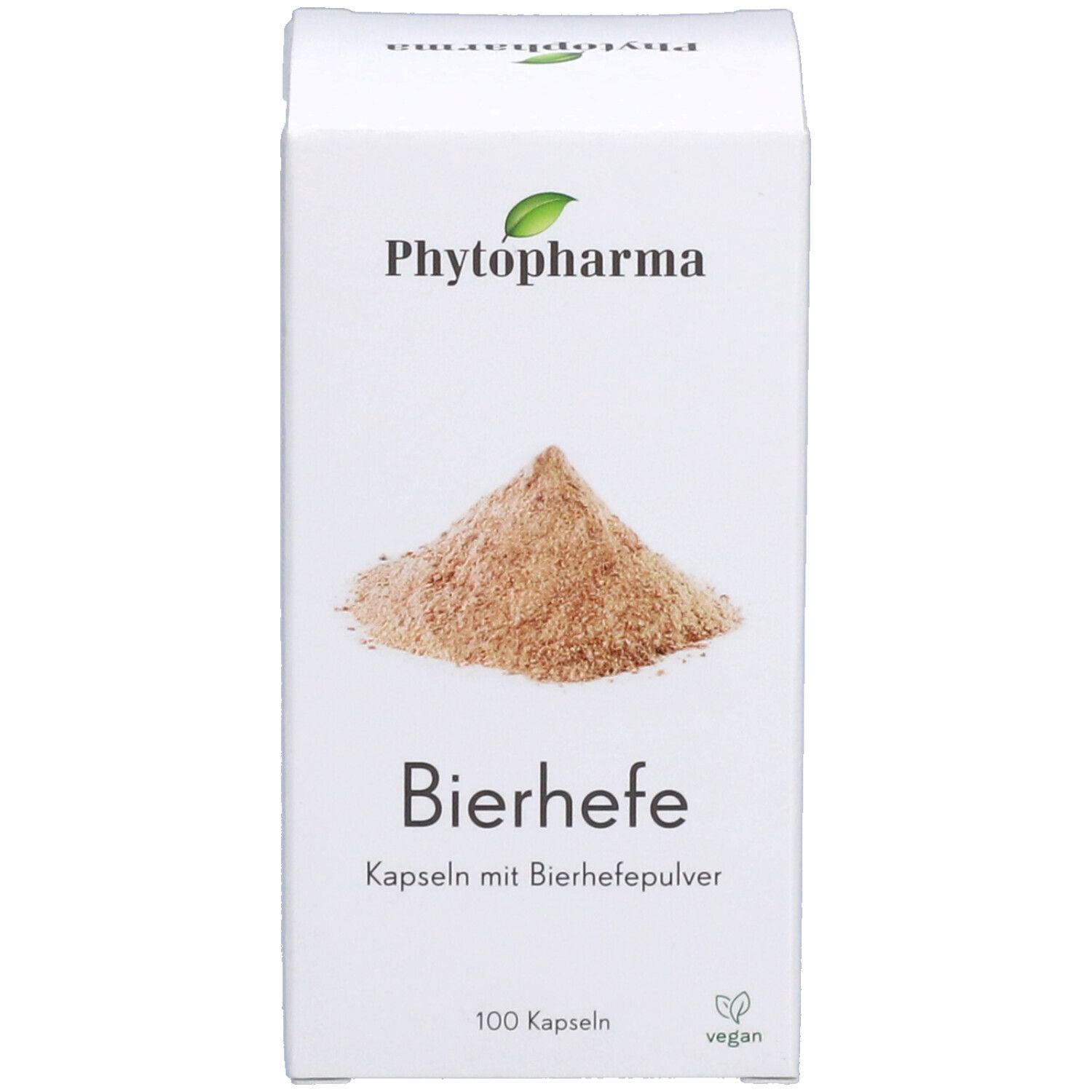 Boîte blanche. Inscription : Phytopharma, Levure de bière, gélules à la poudre de levure de bière, 100 gélules. Vegan.