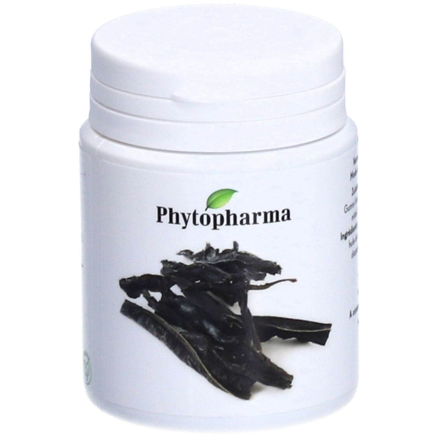 Weiße Dose mit dem Logo von Phytopharma und Algenabbildung. Deckel oben.