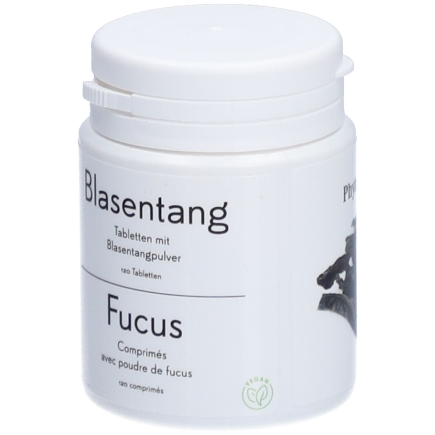 Weiße Dose mit Aufschrift Blasentang, Fucus und veganem Logo. 120 Tabletten.