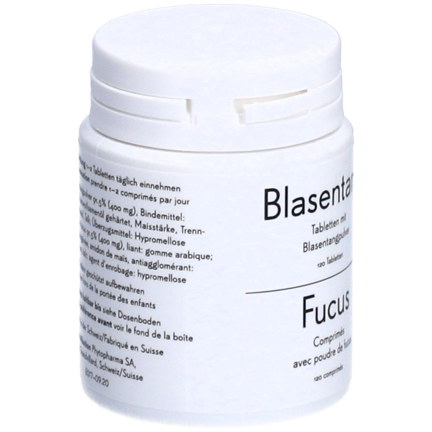 Weiße Dose mit Text. Aufschrift Blasentang, Fucus. 120 Tabletten. Vegan-Logo. Rückseite.