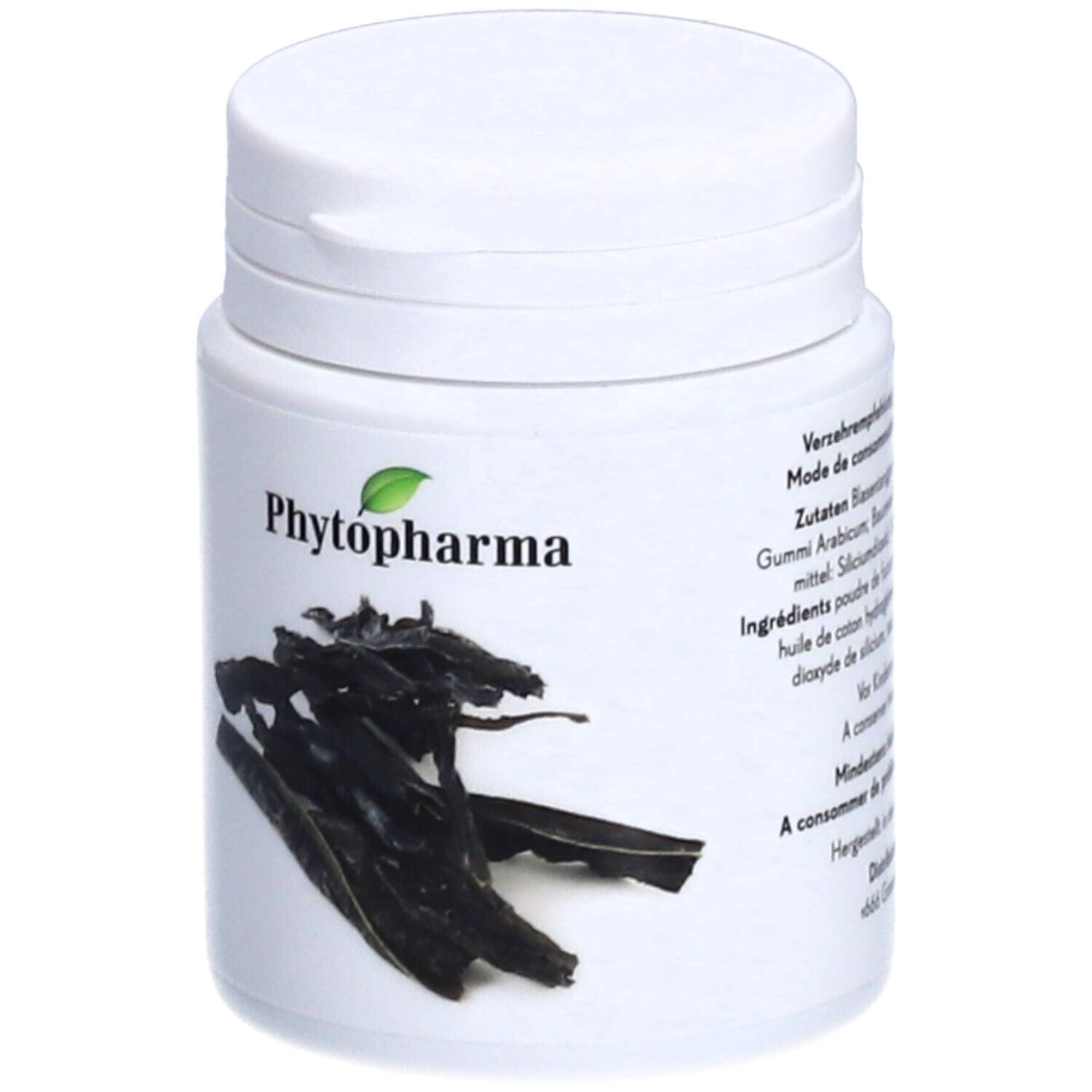 Weiße Dose mit Logo Phytopharma und Algenabbildung. Text auf der Seite.