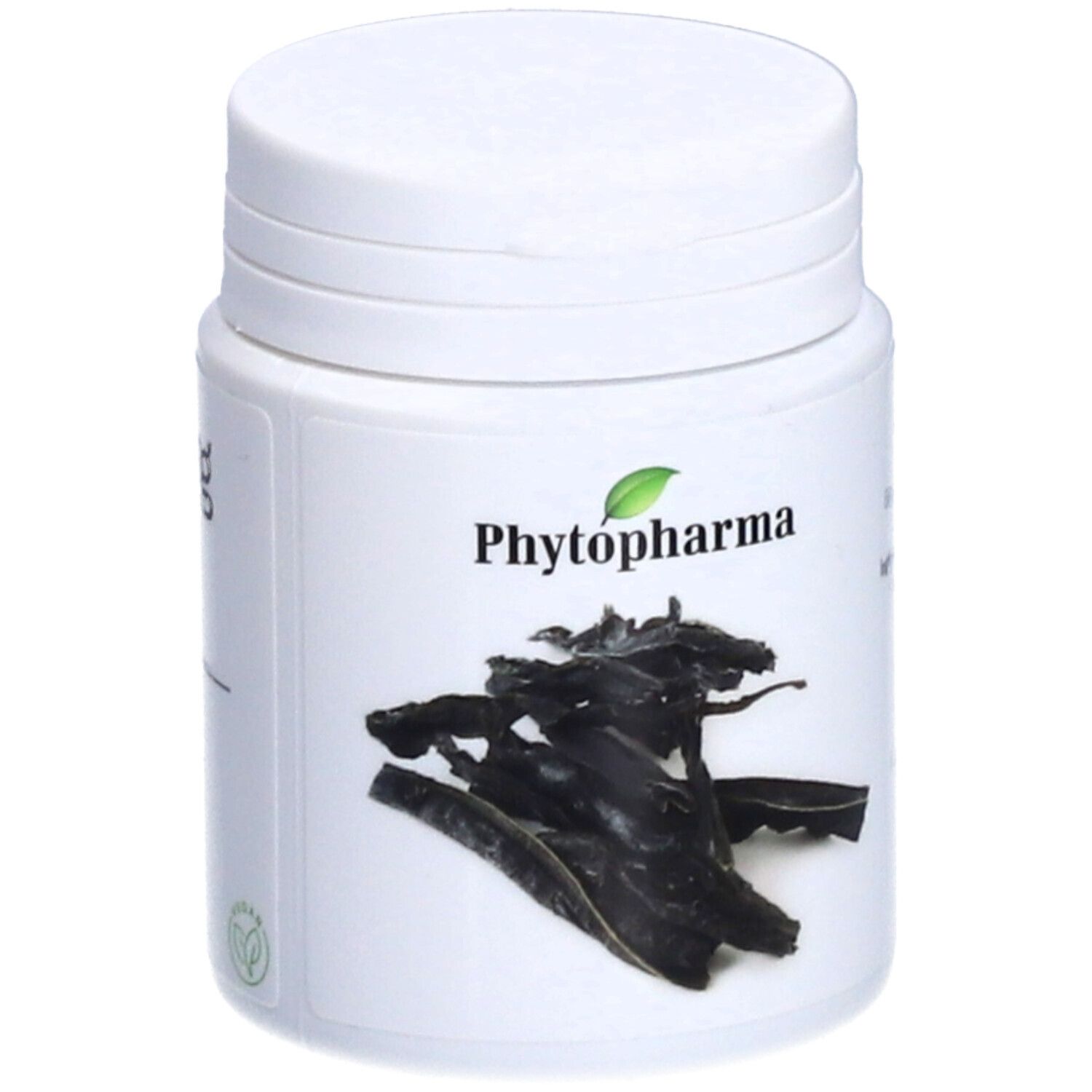 Weiße Dose mit Logo Phytopharma und Algenabbildung. Vegan-Logo. Deckel oben.
