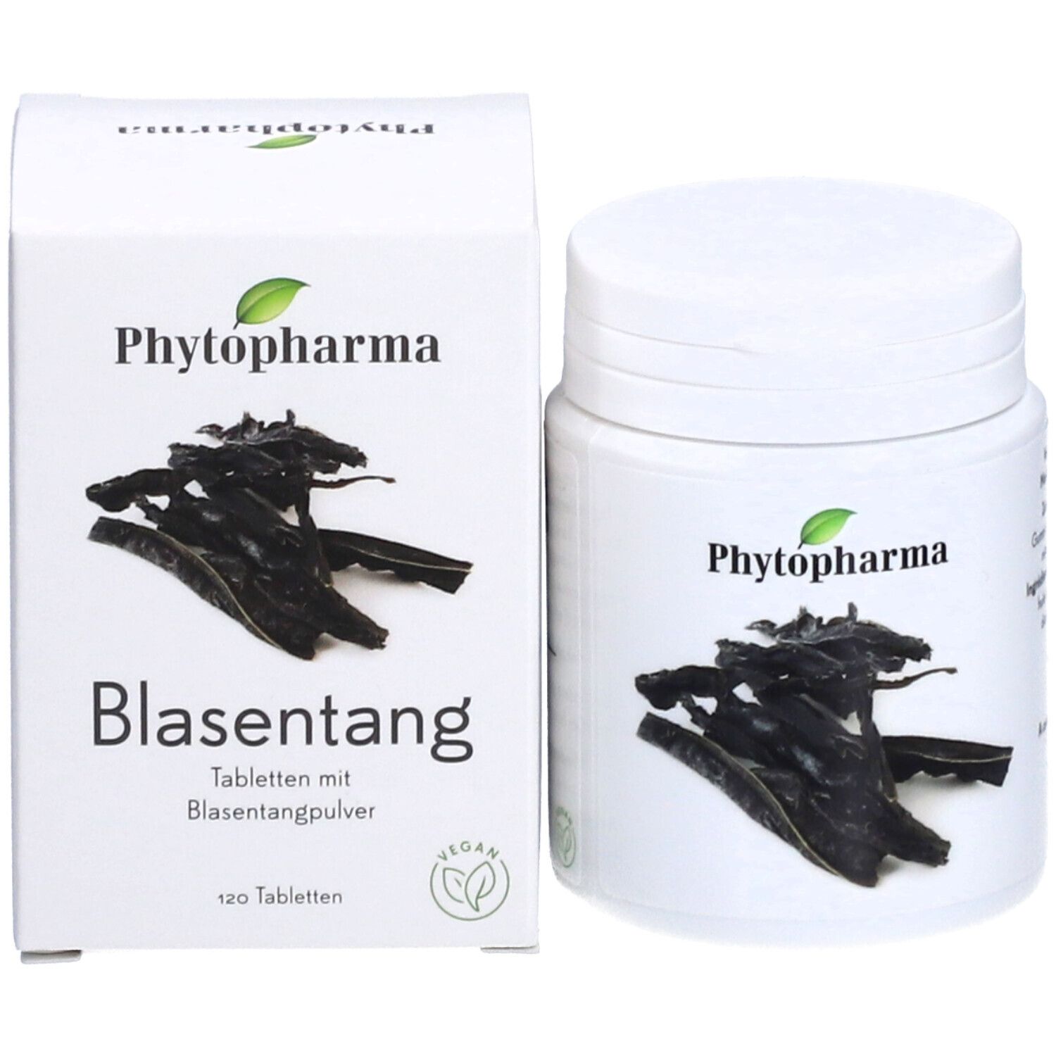 Weiße Dose und Schachtel mit Aufschrift Blasentang. Logo Phytopharma. 120 Tabletten. Vegan.
