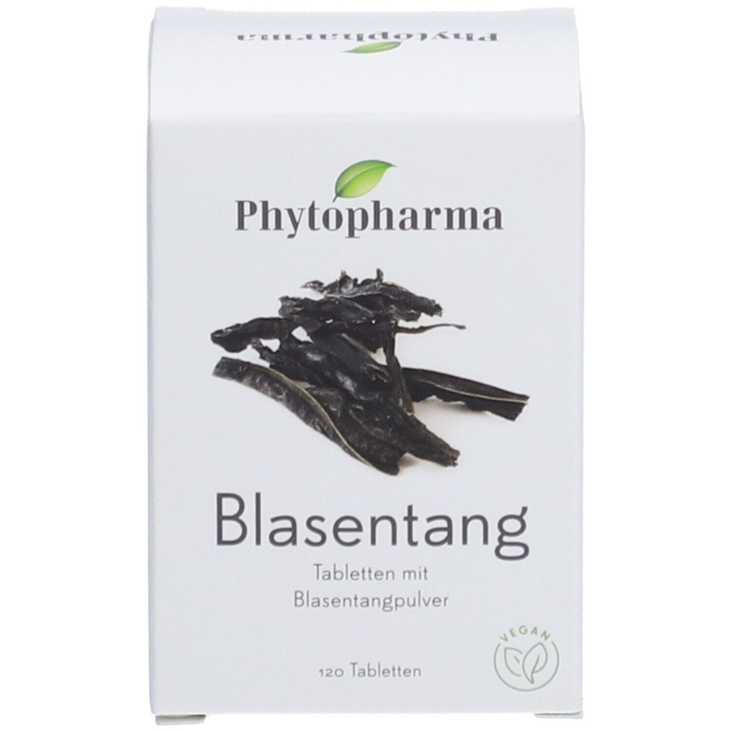 Weiße Schachtel mit Logo Phytopharma, Algenabbildung und Aufschrift Blasentang. 120 Tabletten.