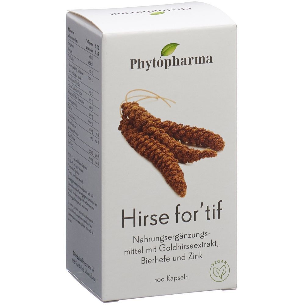 Weiße Schachtel mit Produktabbildung und Schriftzug PHYTOPHARMA Hirse for'tif. 100 Kapseln, vegan.