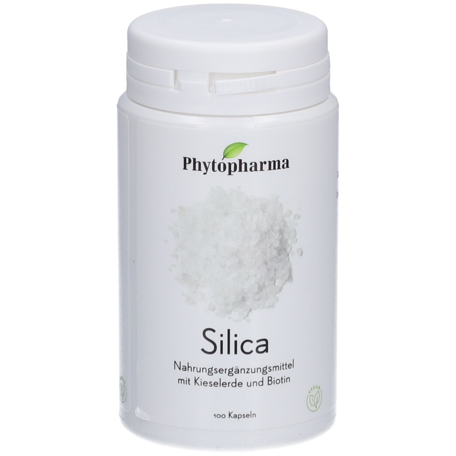 Weiße Flasche mit „Phytopharma Silica“. Text: Nahrungsergänzungsmittel mit Kieselerde und Biotin. 100 Kapseln.
