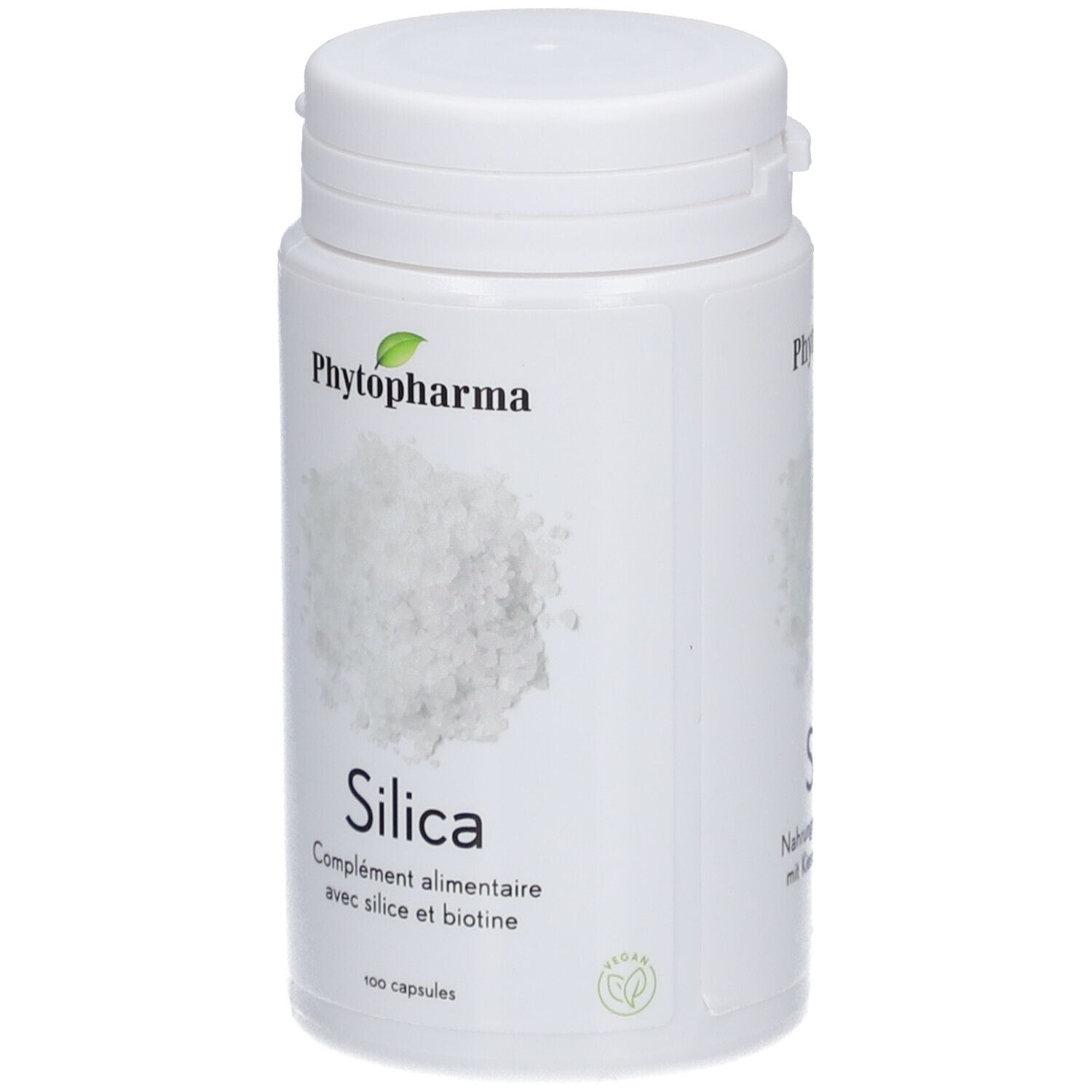 Weiße Flasche mit „Phytopharma Silica“. Text: Nahrungsergänzungsmittel mit Kieselerde und Biotin. 100 Kapseln.