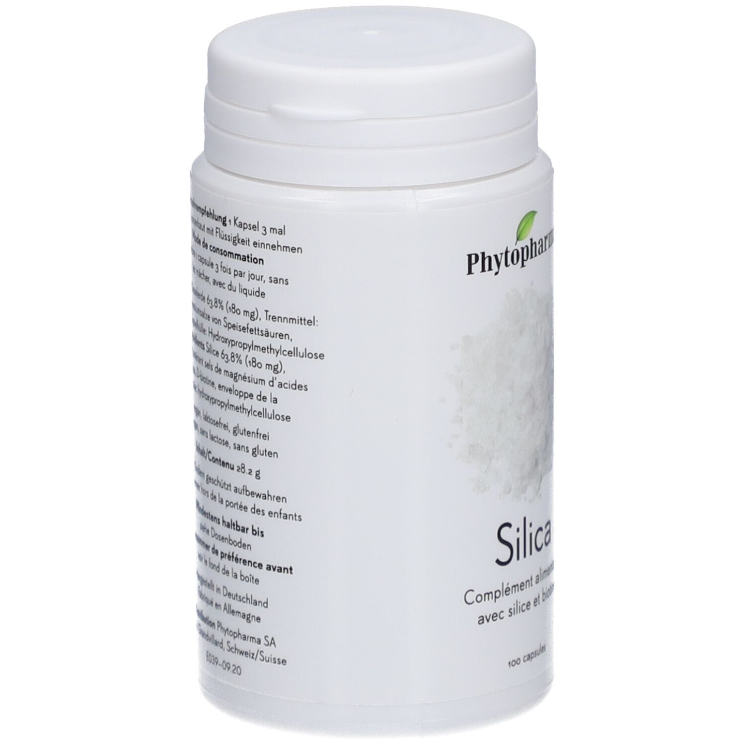 Weiße Flasche mit „Phytopharma Silica“. Text: Nahrungsergänzungsmittel mit Kieselerde und Biotin. 100 Kapseln.