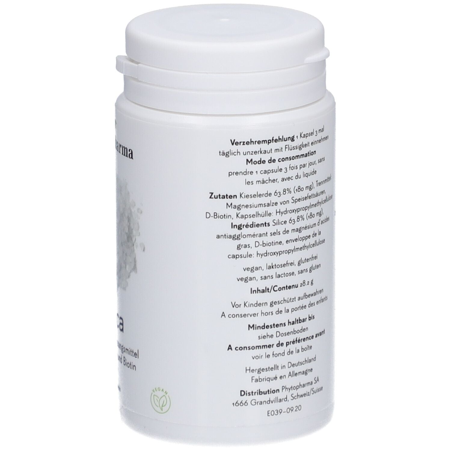 Weiße Flasche mit „Phytopharma Silica“. Text: Nahrungsergänzungsmittel mit Kieselerde und Biotin. 100 Kapseln.