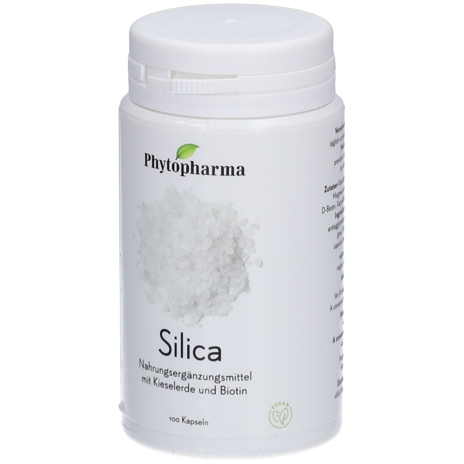 Weiße Flasche mit „Phytopharma Silica“. Text: Nahrungsergänzungsmittel mit Kieselerde und Biotin. 100 Kapseln.