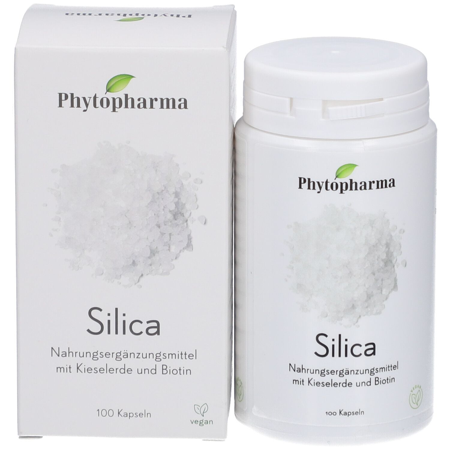 Weiße Flasche und Schachtel mit „Phytopharma Silica“. Text: Nahrungsergänzungsmittel mit Kieselerde und Biotin. 100 Kapseln.