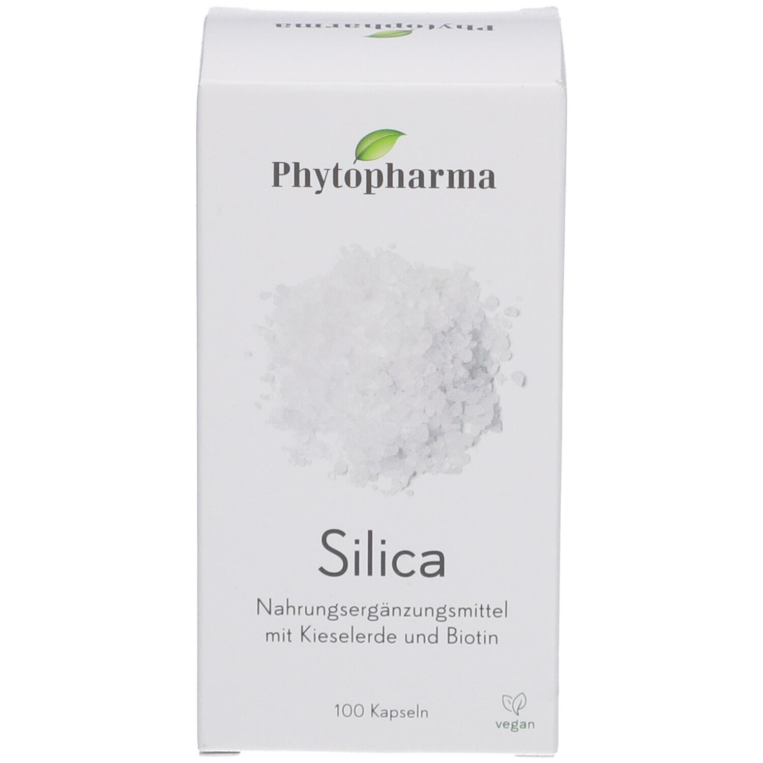 Weiße Schachtel mit „Phytopharma Silica“. Text: Nahrungsergänzungsmittel mit Kieselerde und Biotin. 100 Kapseln.