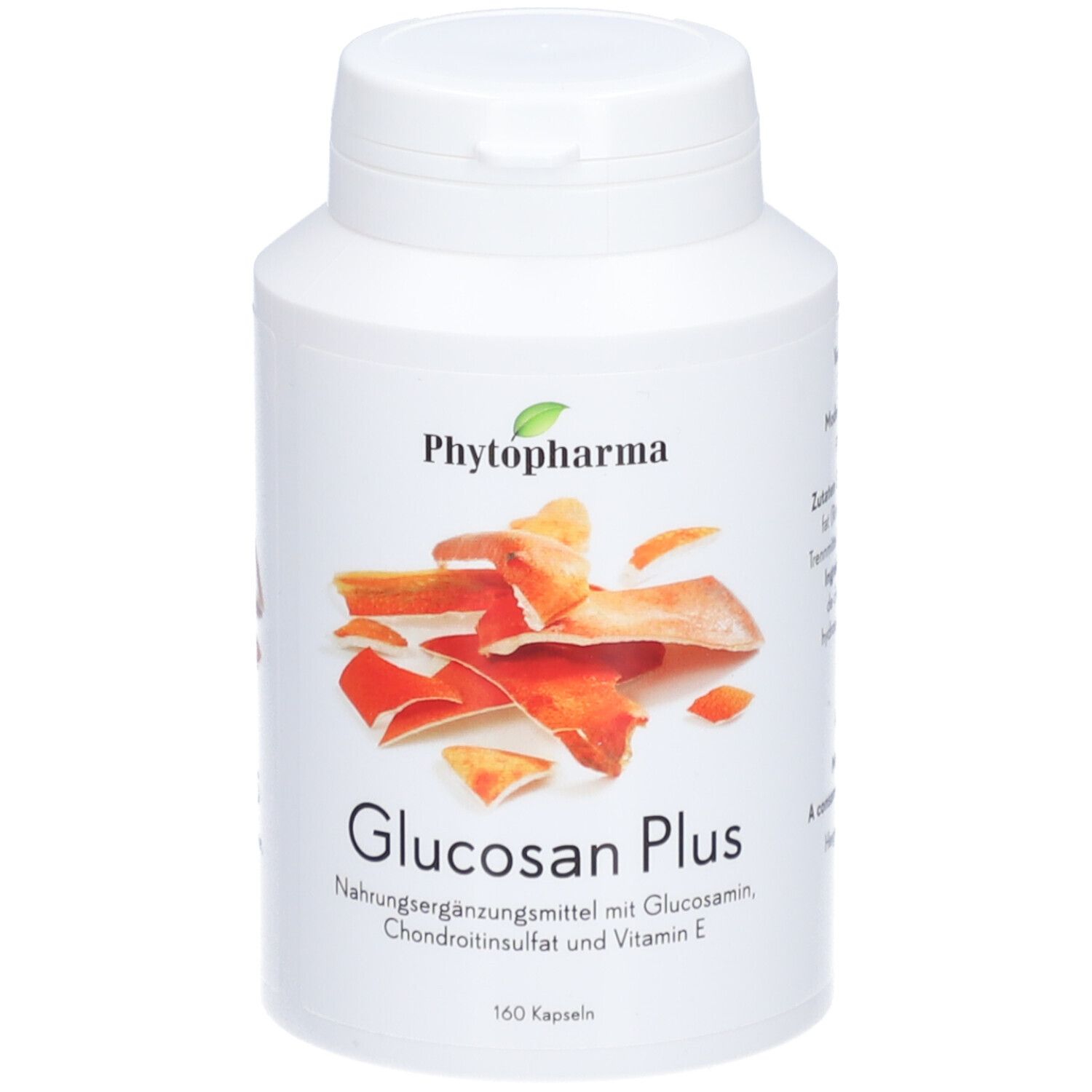 Weiße Flasche mit Schraubverschluss. Aufkleber mit Produktname Glucosan Plus und Logo. 160 Kapseln.