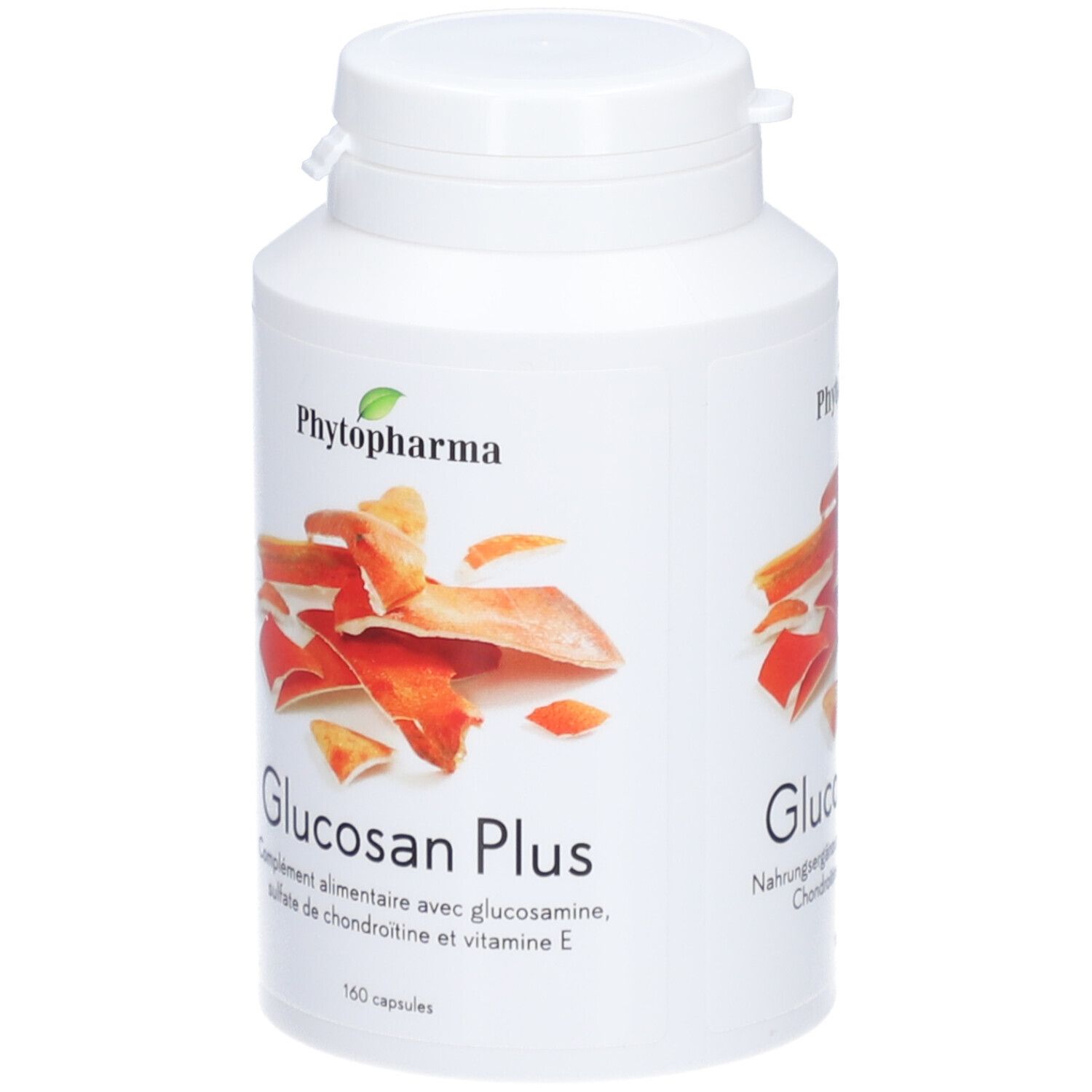 Weiße Flasche mit Schraubverschluss. Aufkleber mit Produktname Glucosan Plus und Logo. 160 Kapseln.