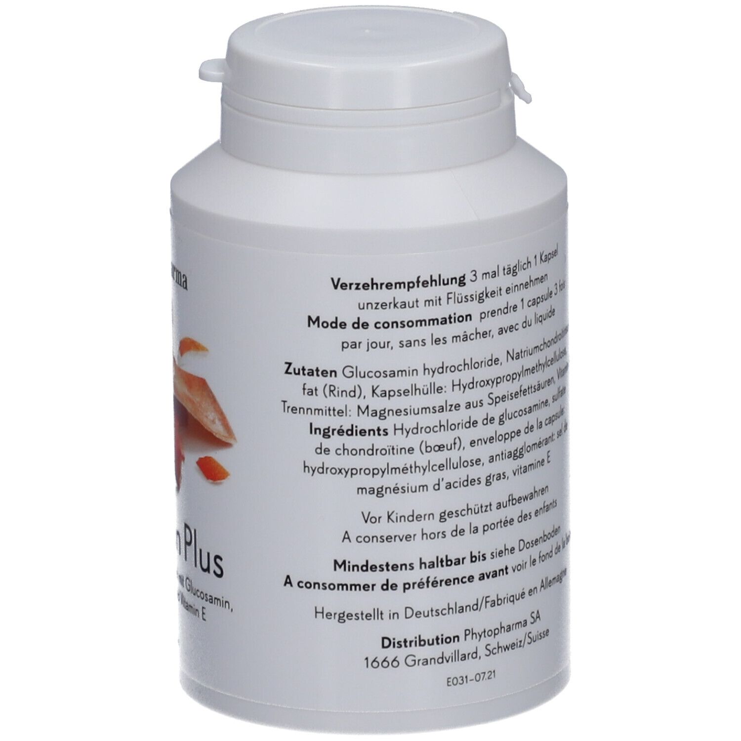 Weiße Flasche mit Schraubverschluss. Aufkleber mit Produktname Glucosan Plus und Logo. 160 Kapseln. Text mit Inhaltsstoffen.