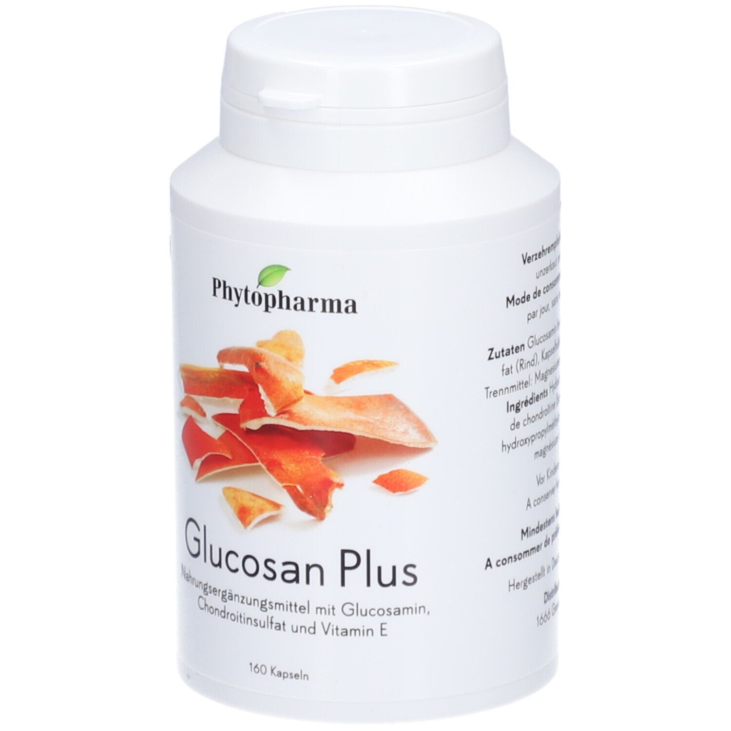 Weiße Flasche mit Schraubverschluss. Aufkleber mit Produktname Glucosan Plus und Logo. 160 Kapseln.