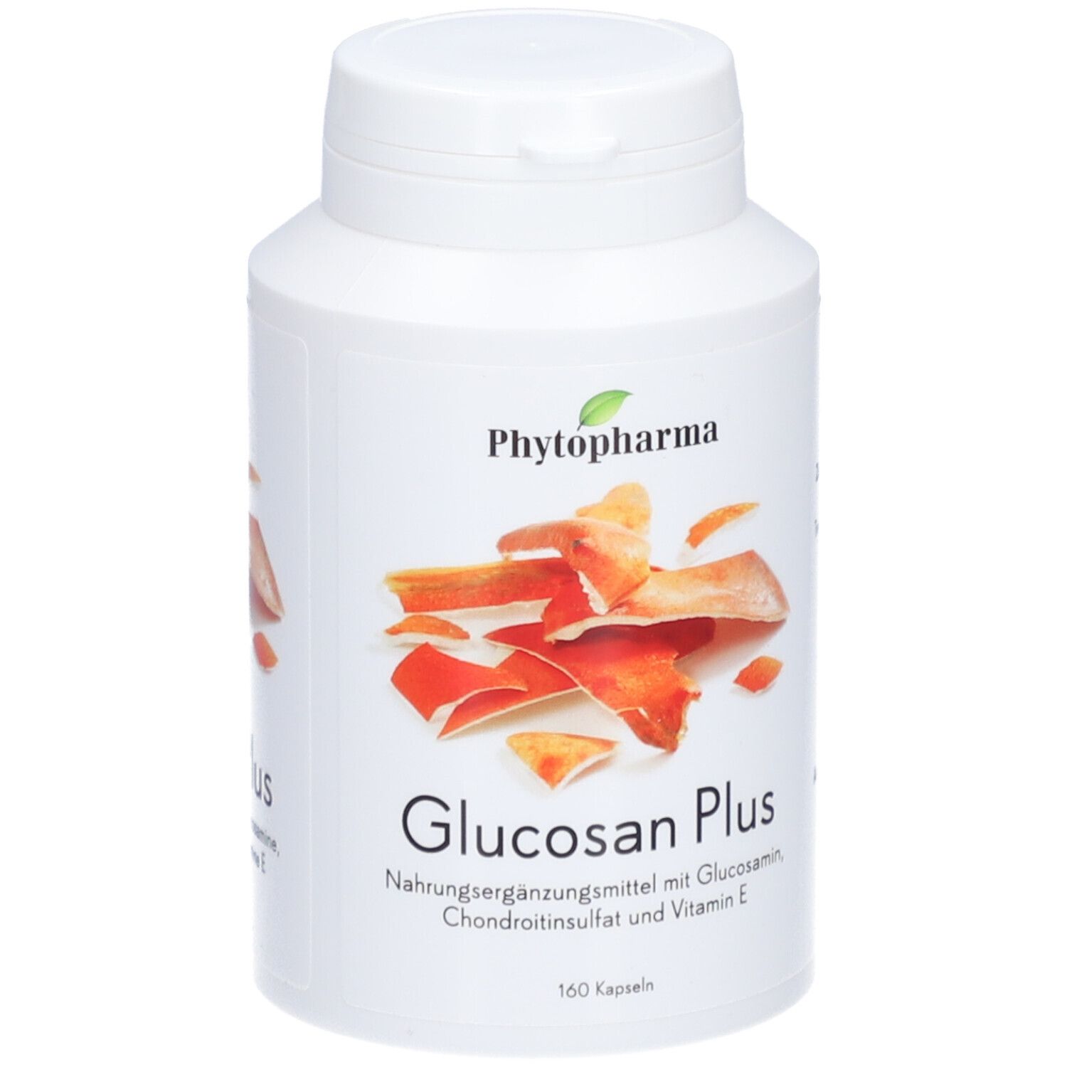 Weiße Flasche mit Schraubverschluss. Aufkleber mit Produktname Glucosan Plus und Logo. 160 Kapseln.