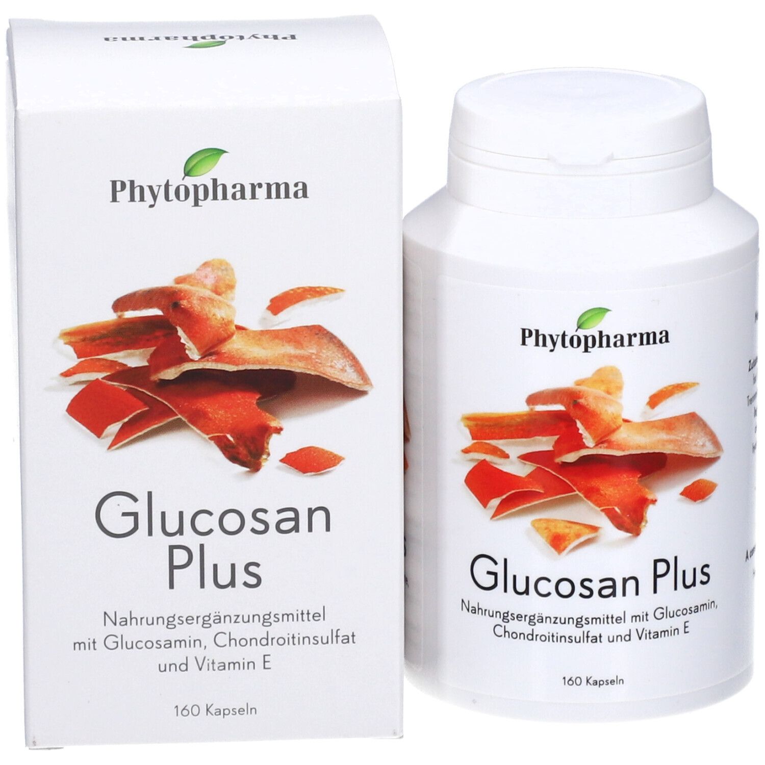 Produktflasche und Schachtel. Flasche mit Glucosan Plus-Etikett. Schachtel mit Produktname und Logo. 160 Kapseln.