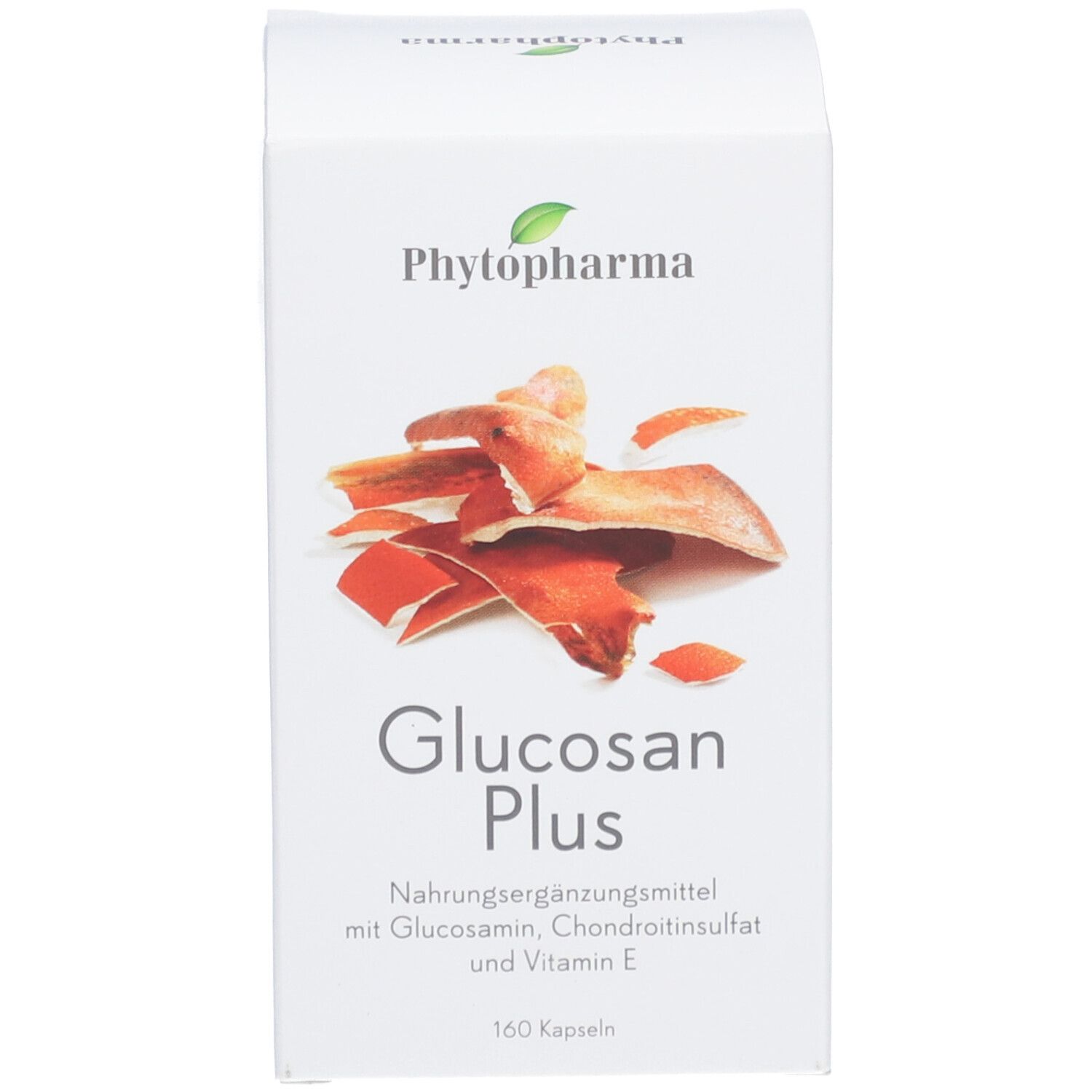 Weiße Schachtel mit Produktname Glucosan Plus und Logo. 160 Kapseln. Nahrungsergänzungsmittel.